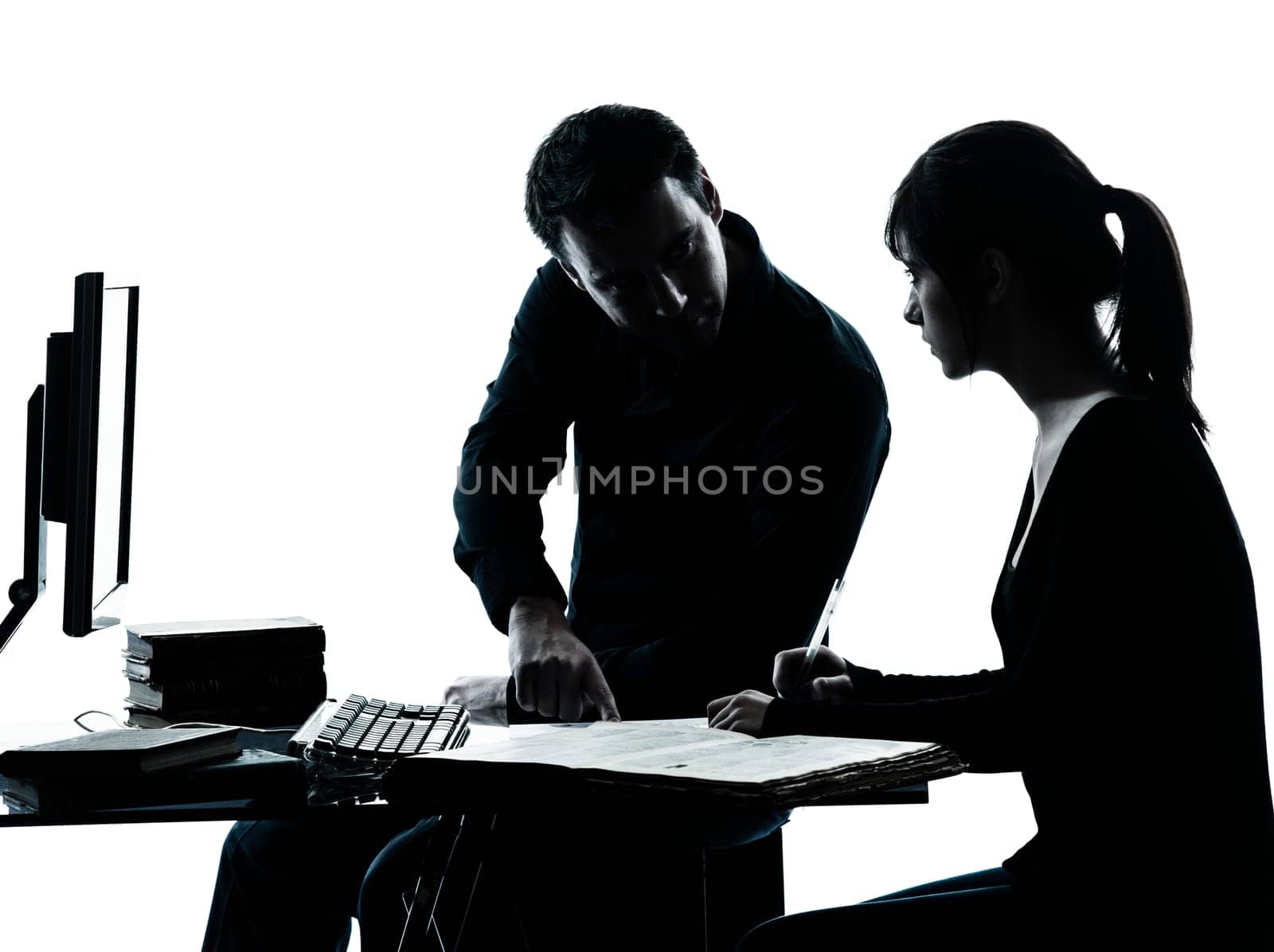 one man father professor and student teenager girl helping for homework in silhouette indoors isolated on white background