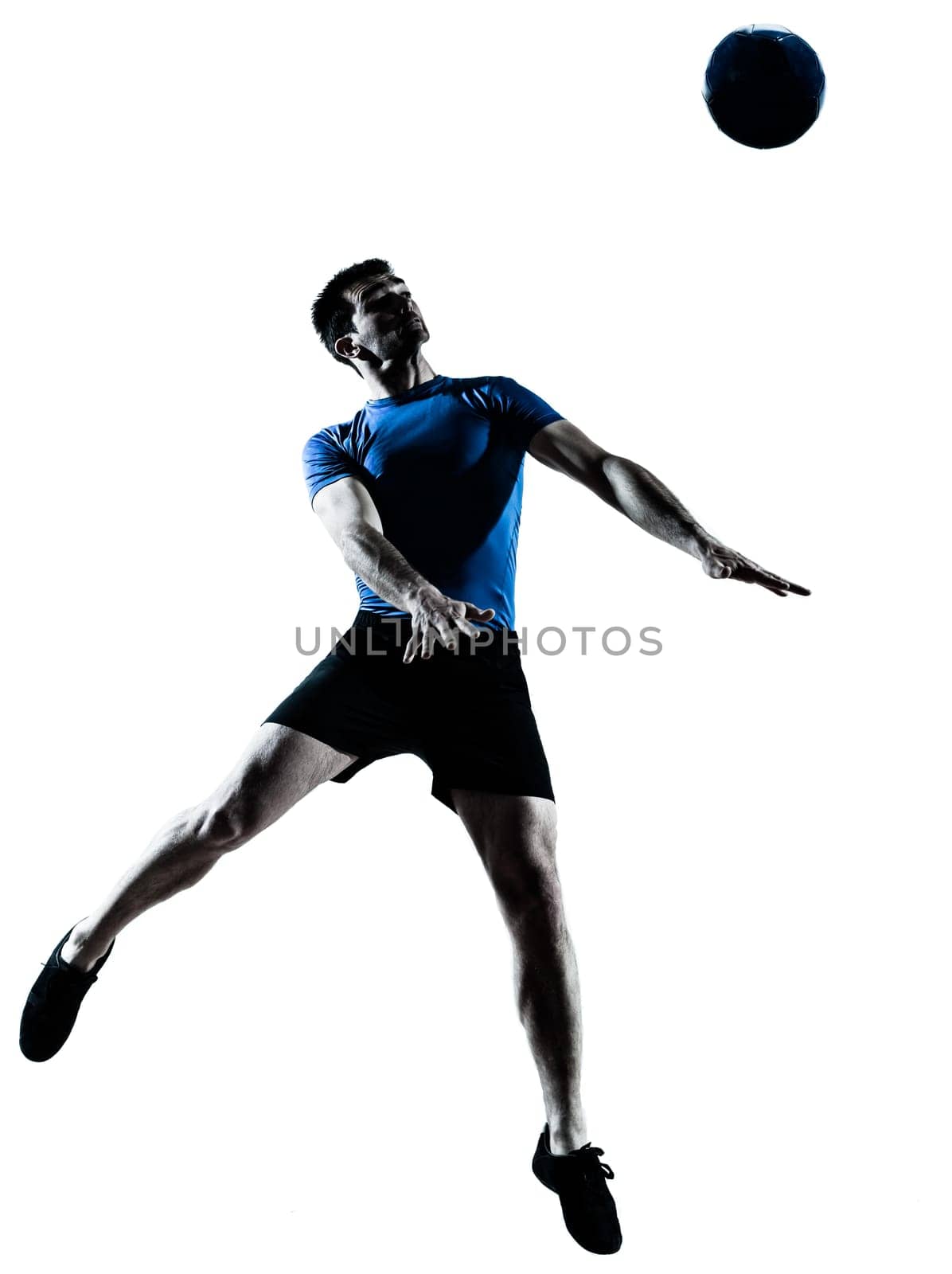 one caucasian man heading playing soccer football player silhouette  in studio isolated on white background