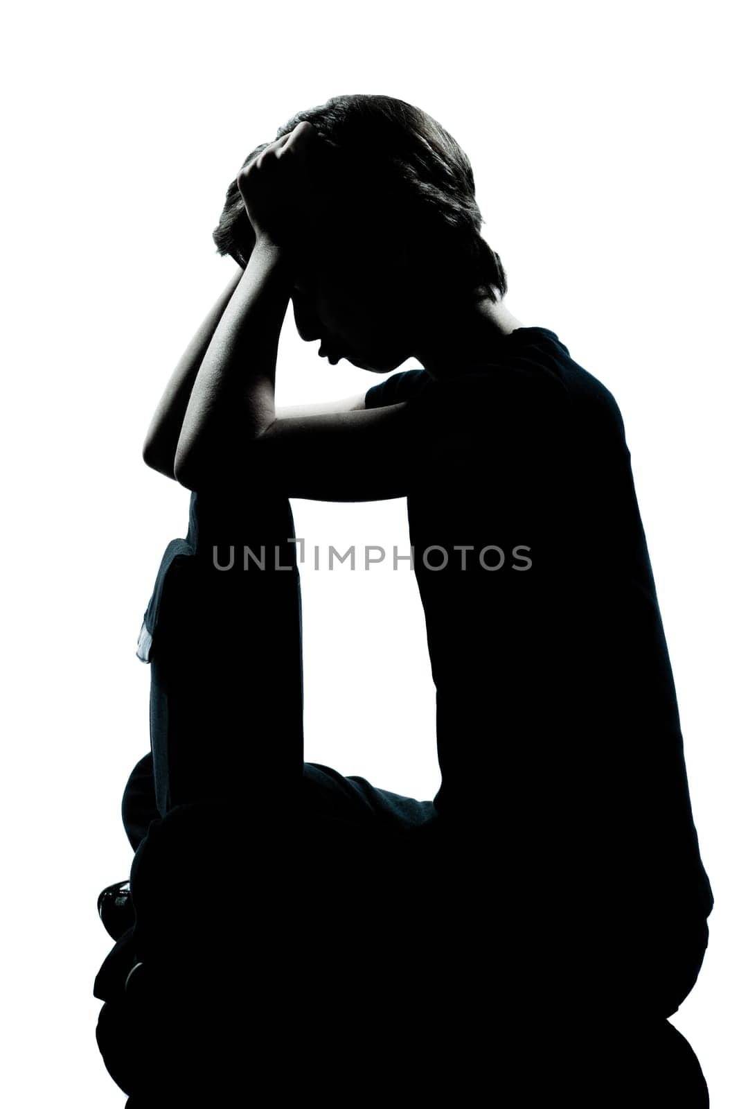 one caucasian young teenager silhouette boy or girl pouting sadness  full length in studio cut out isolated on white background