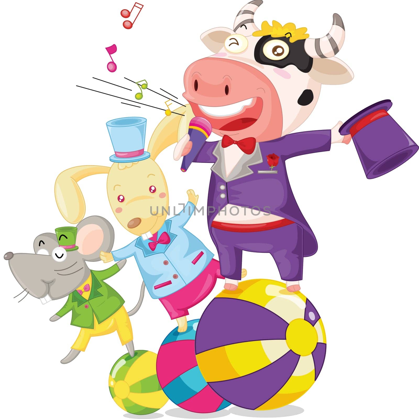 illustration of cow, mouse and rabbit on white