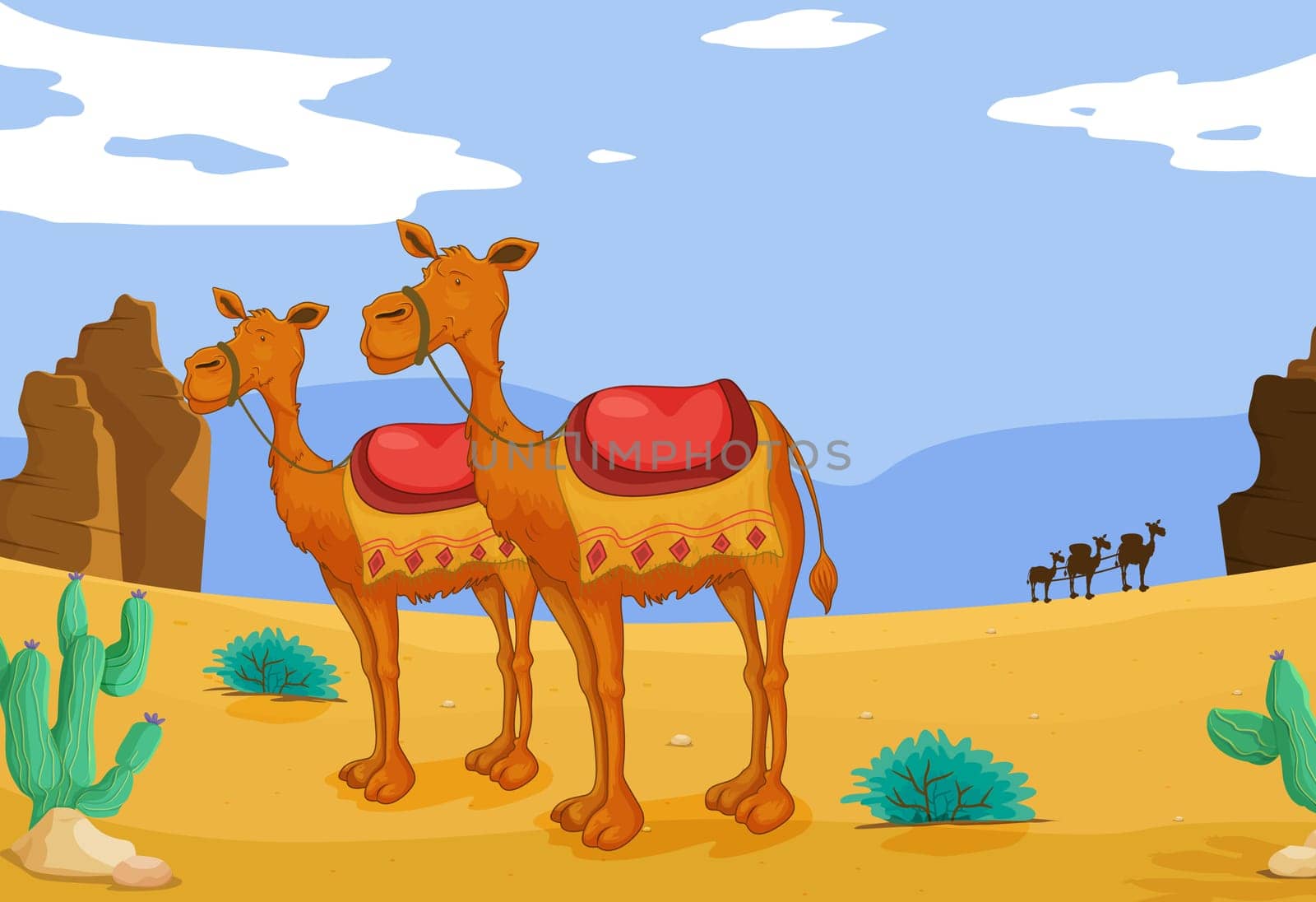 illustration of a group of camels in desert