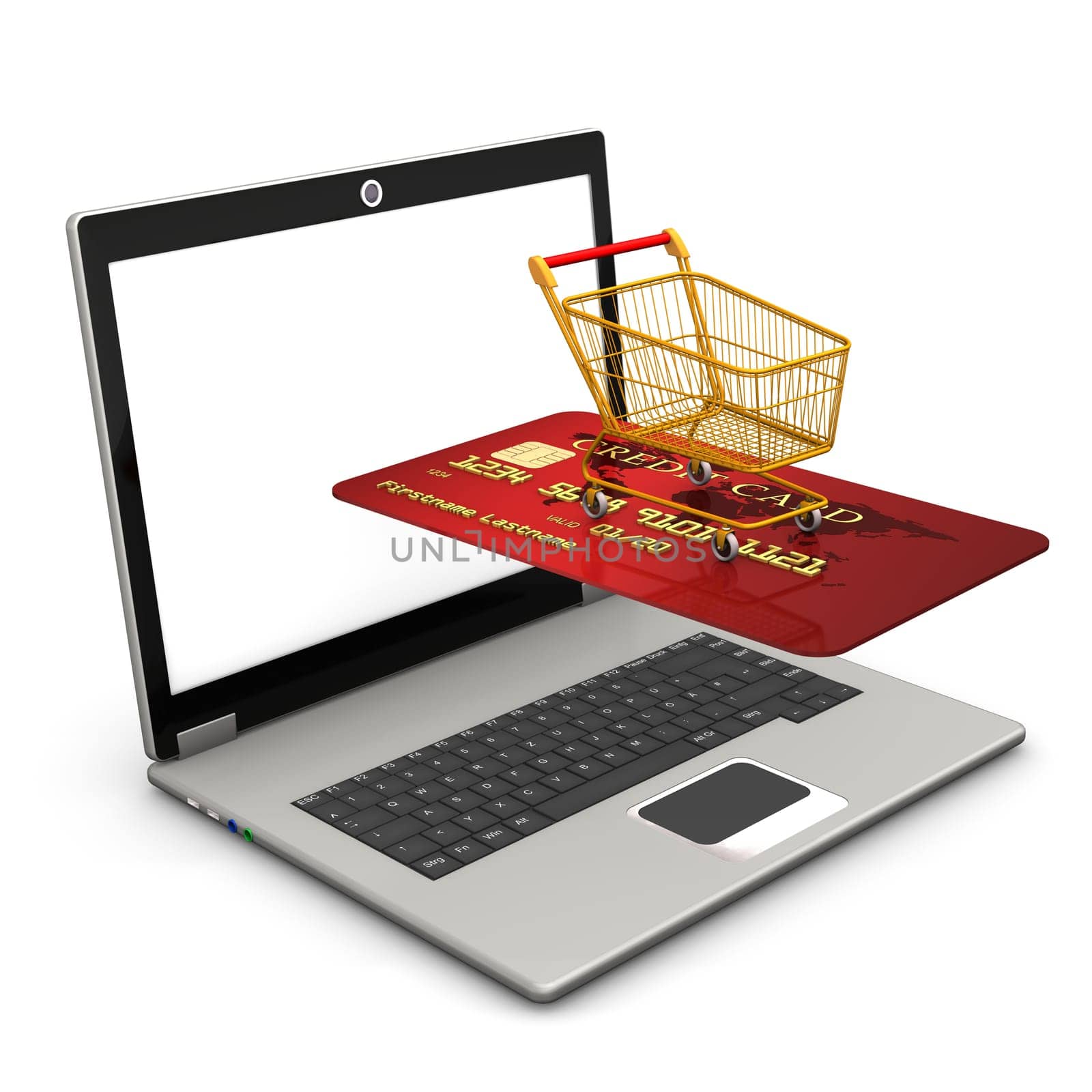 Laptop with red credit card and shopping carry. White background.