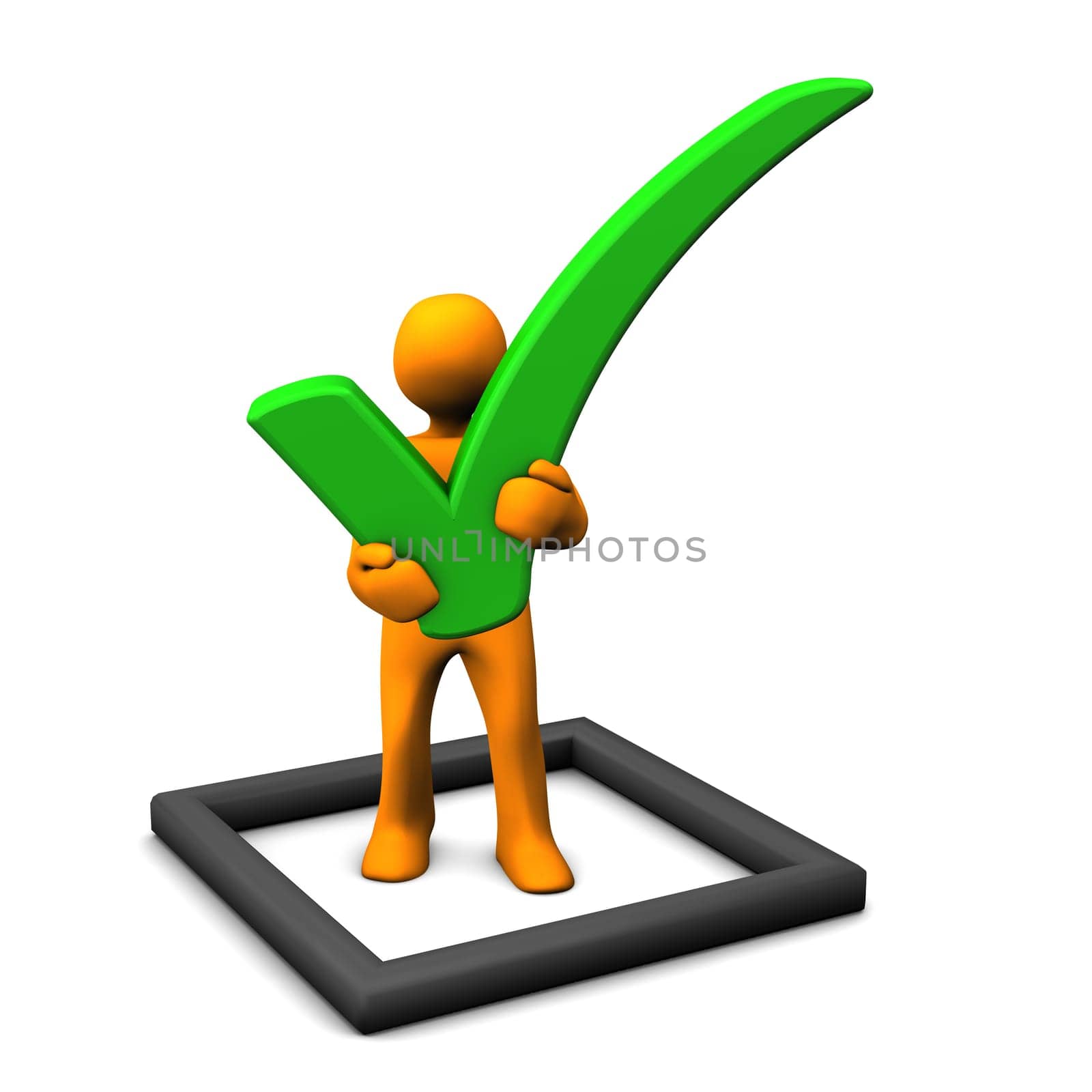 Orange cartoon character with checklist on the white background.