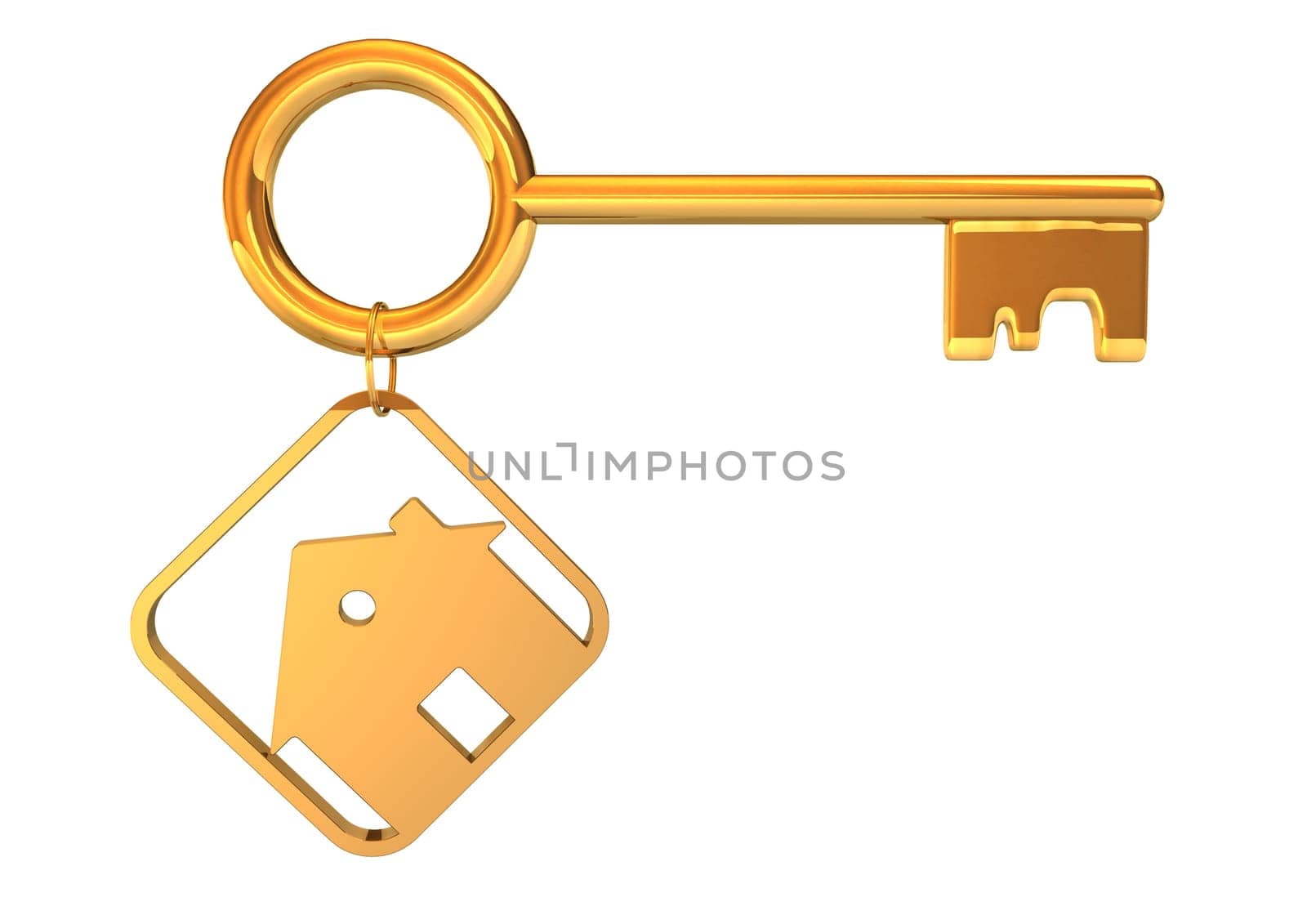 Golden key with house pendant. White background.