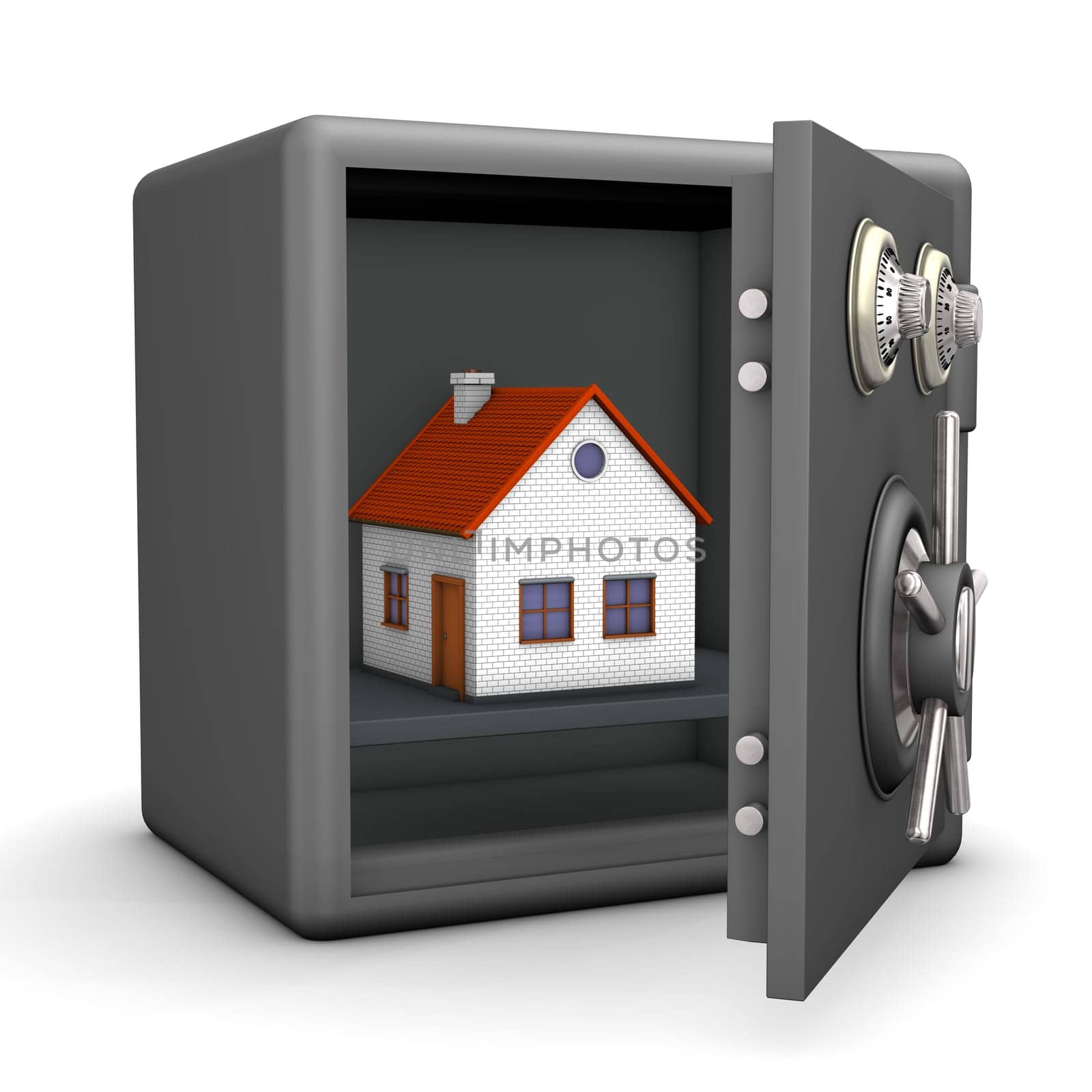 A house in the opened safe. White background.