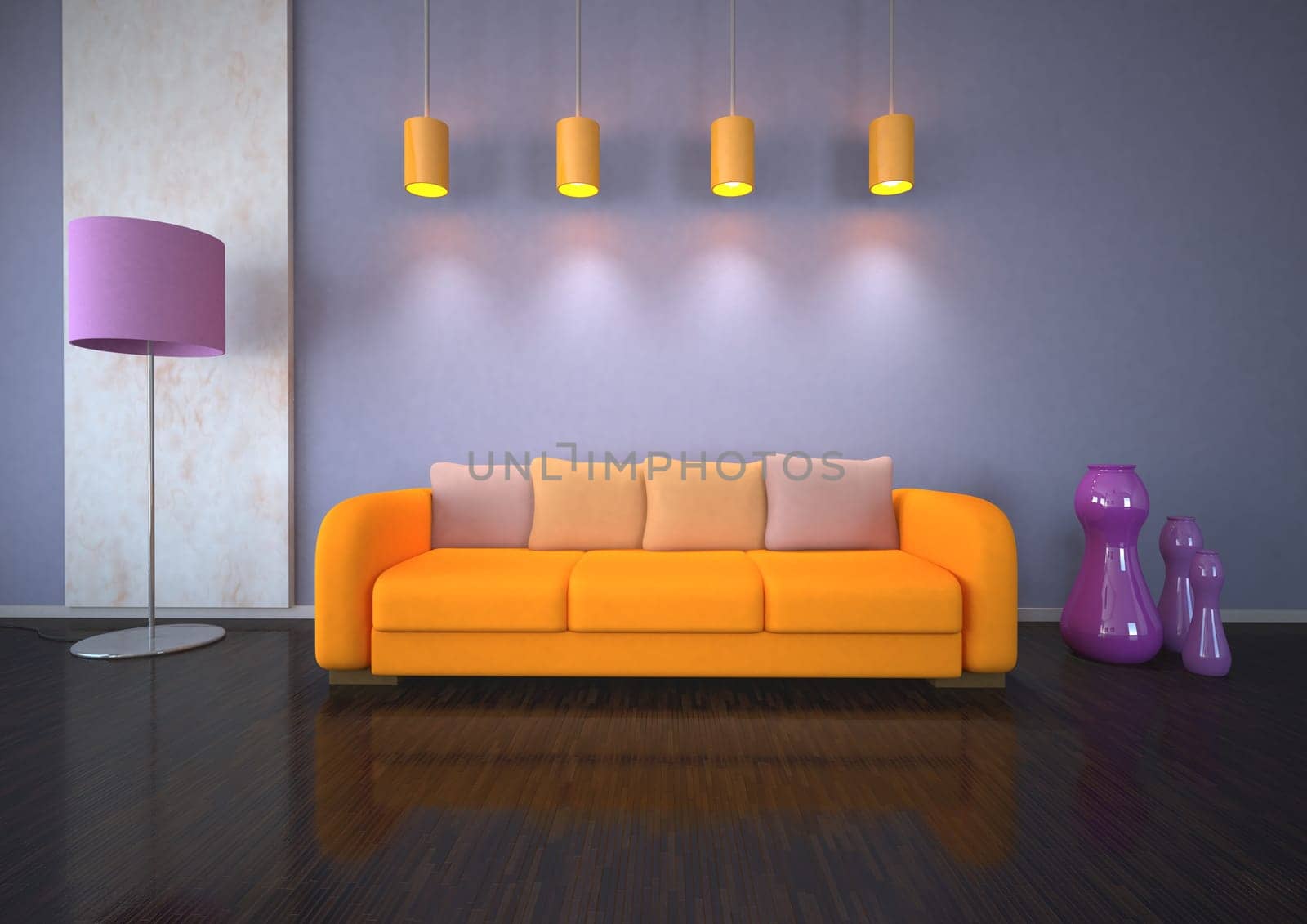 Interior design with lights and orange couch.