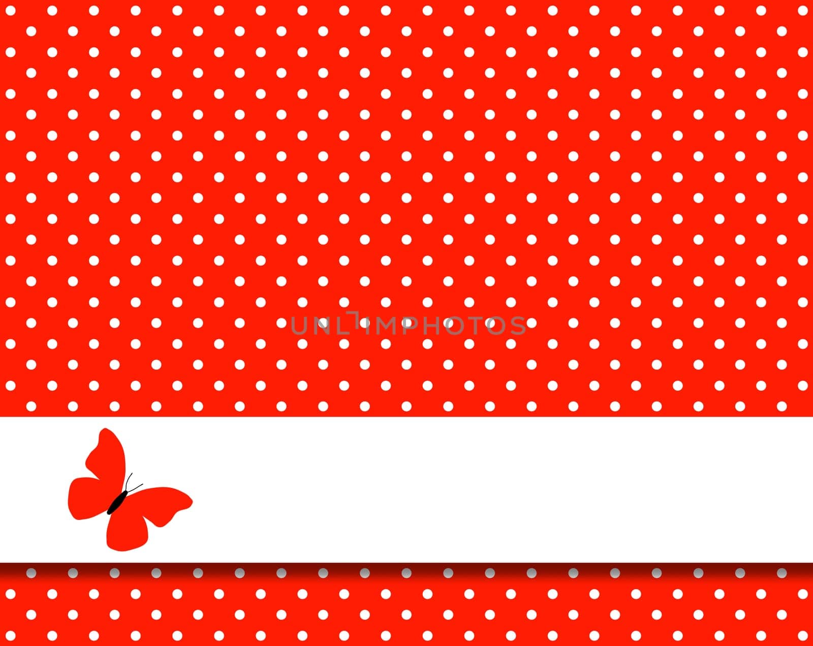 Red background with white dots and stripes for text with butterfly