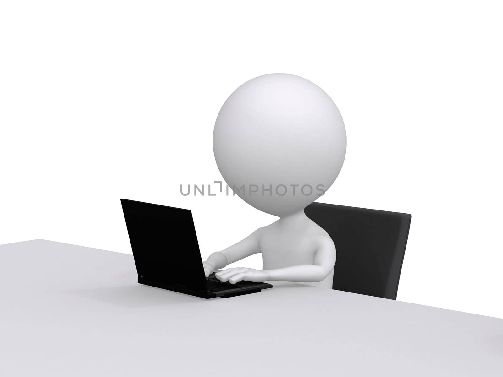 3d character Working on computer. On white background