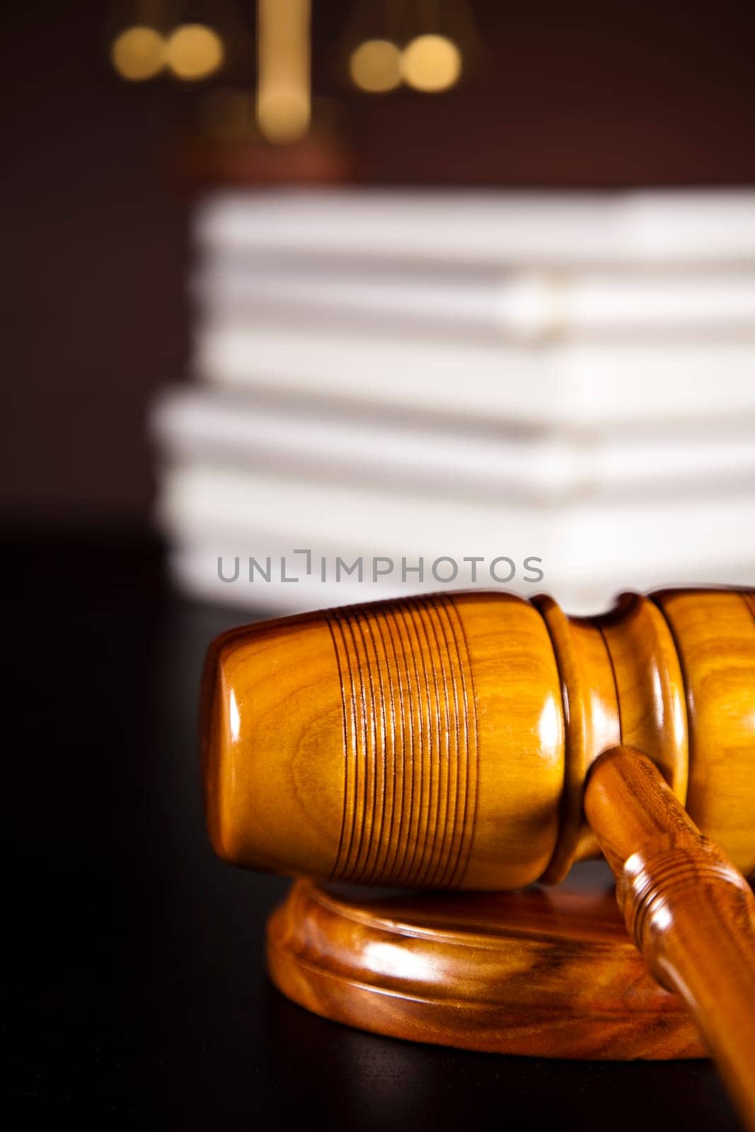 Judges wooden gavel and law books