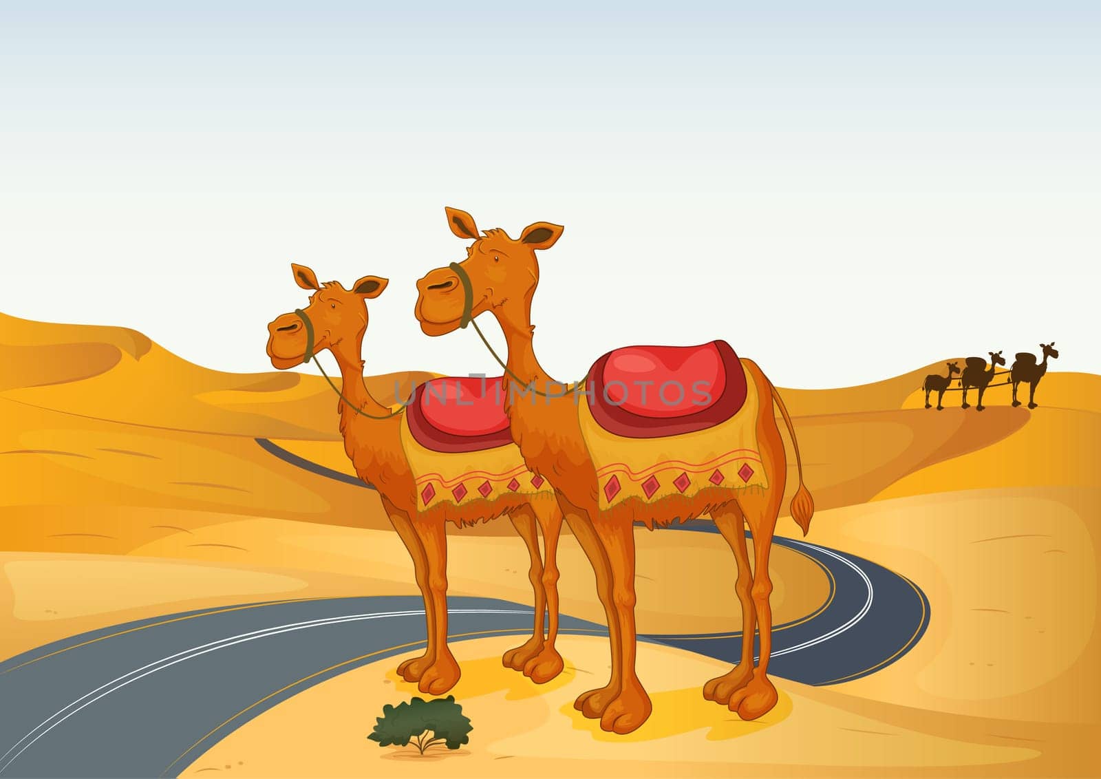illustration of camels in a desert and road