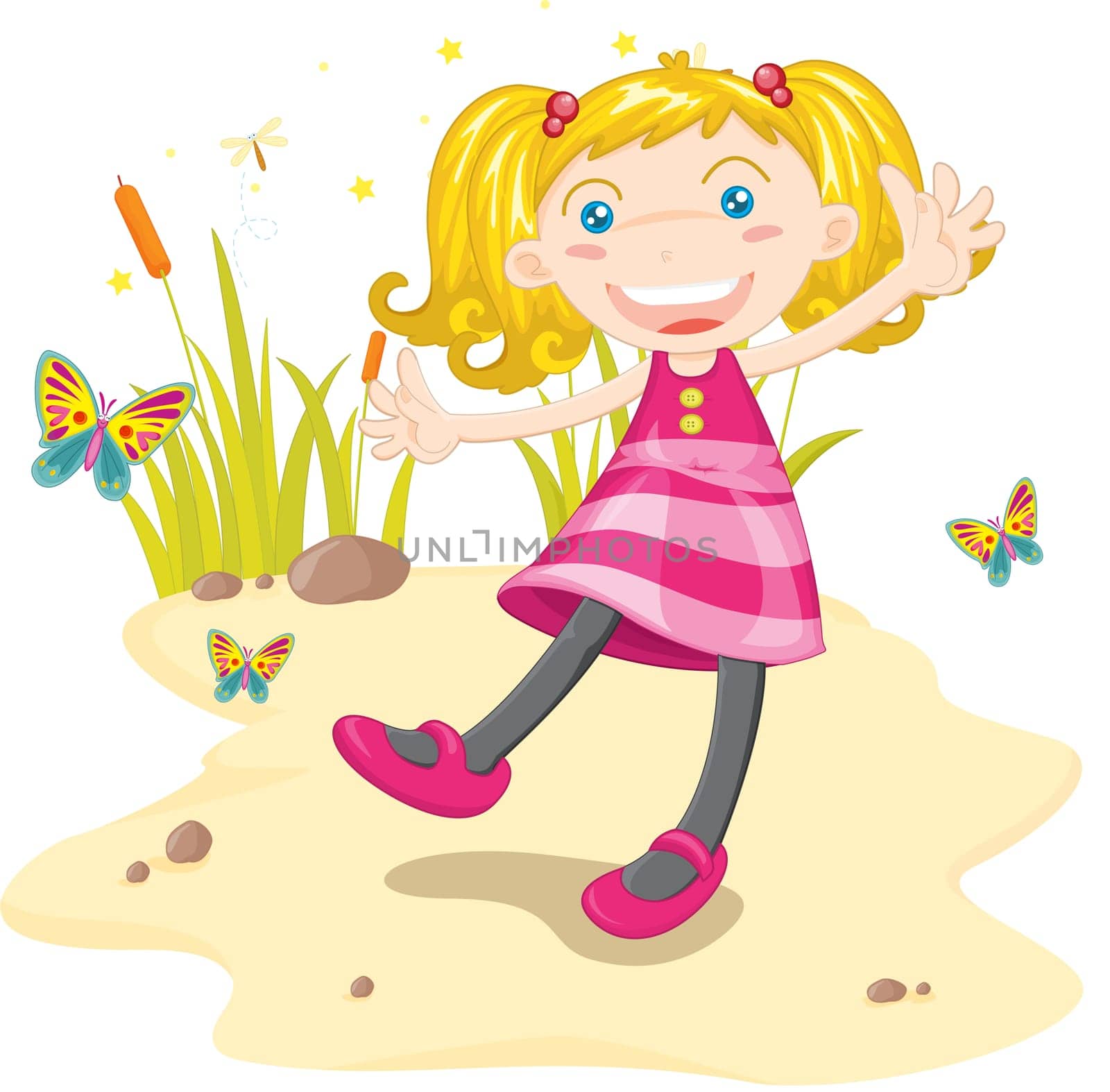 Girl dancing on sand with butterflies
