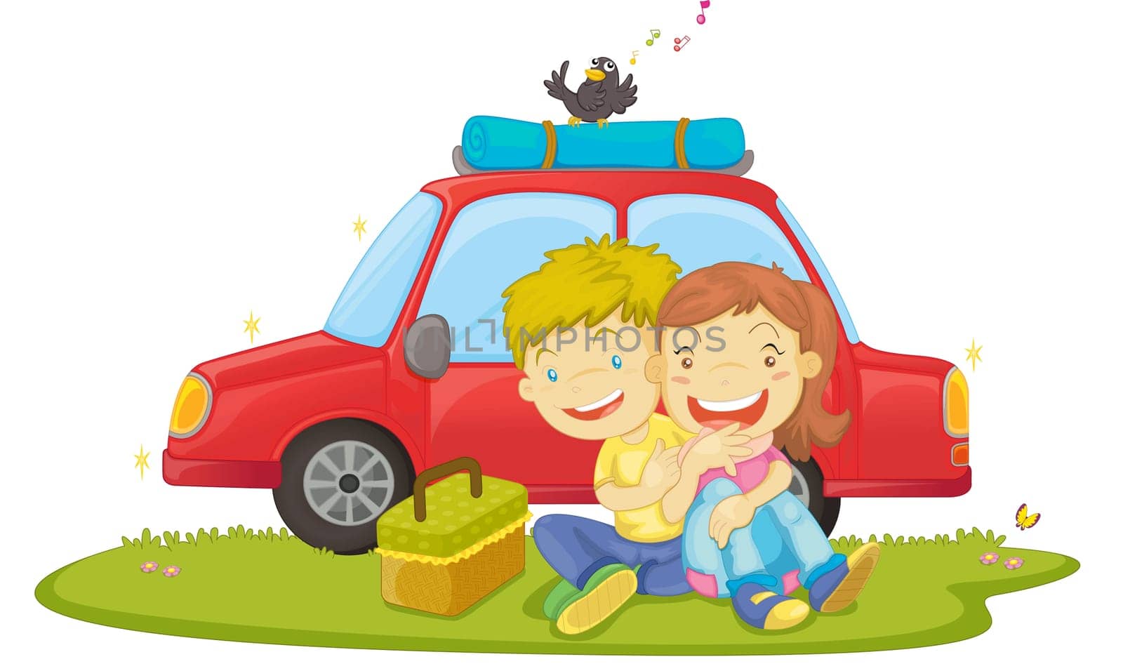 illustration of boys sitting near car