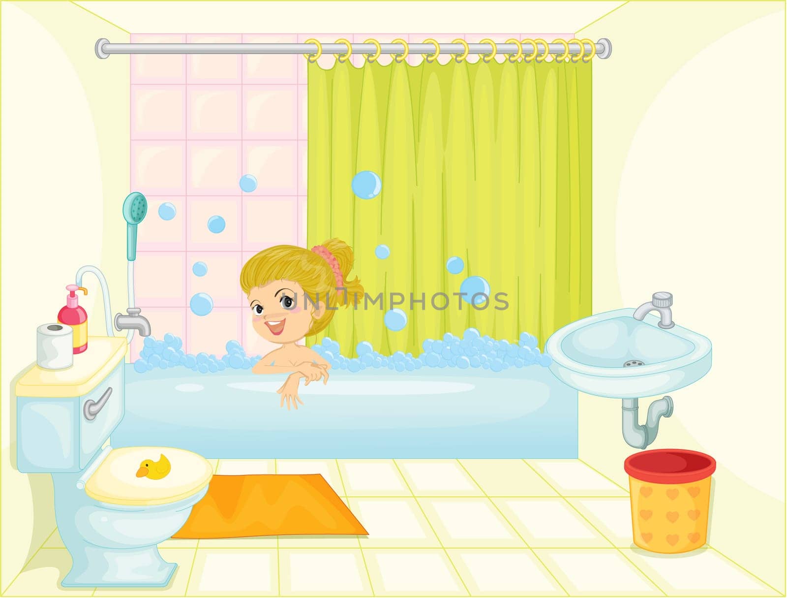 illustration of a girl in bath tub on a white background