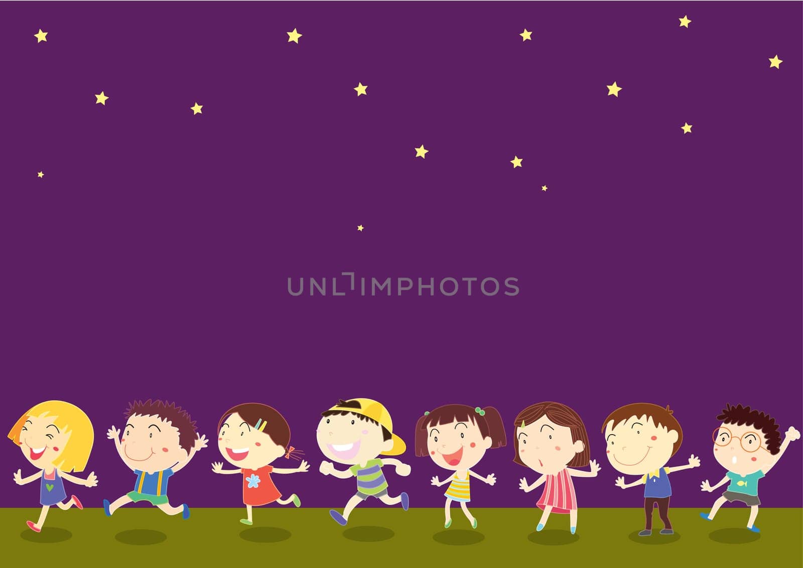 illustration of kids on dark night sky background