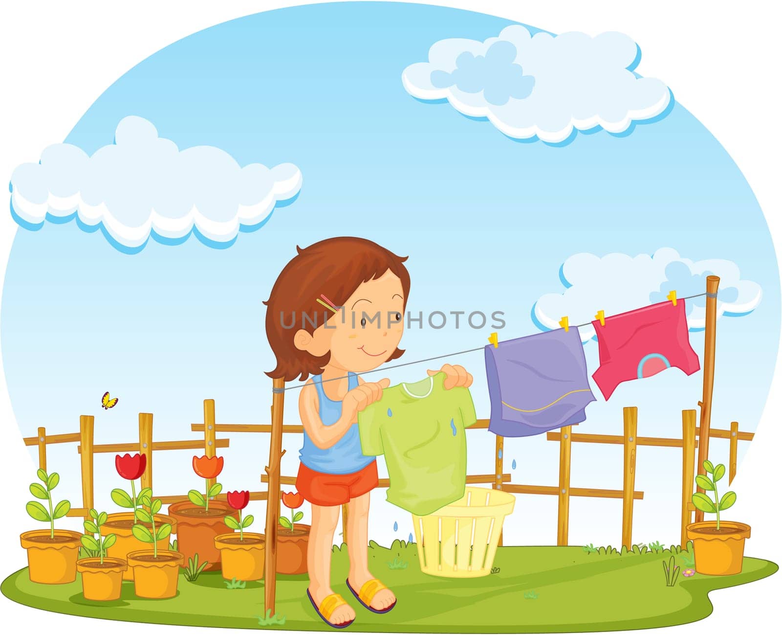 illustration of girl putting cloths for drying