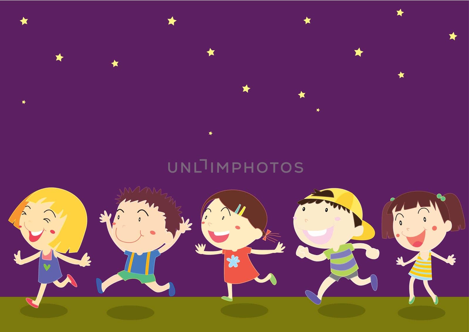 illustration of kids on dark night sky background