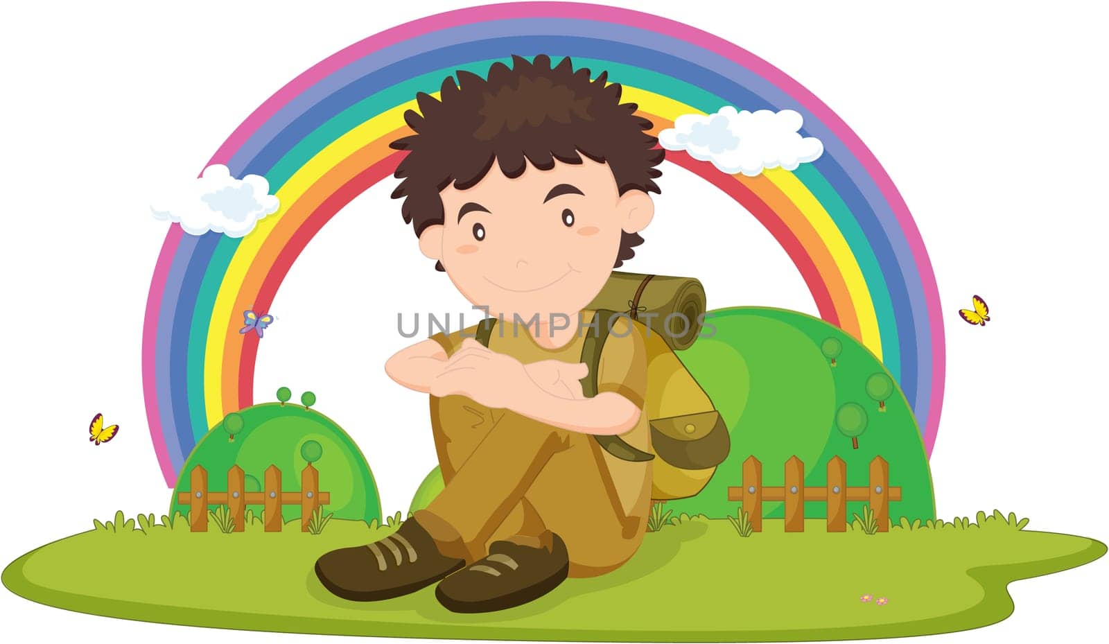 illustration of boy sitting on rainbow backgound