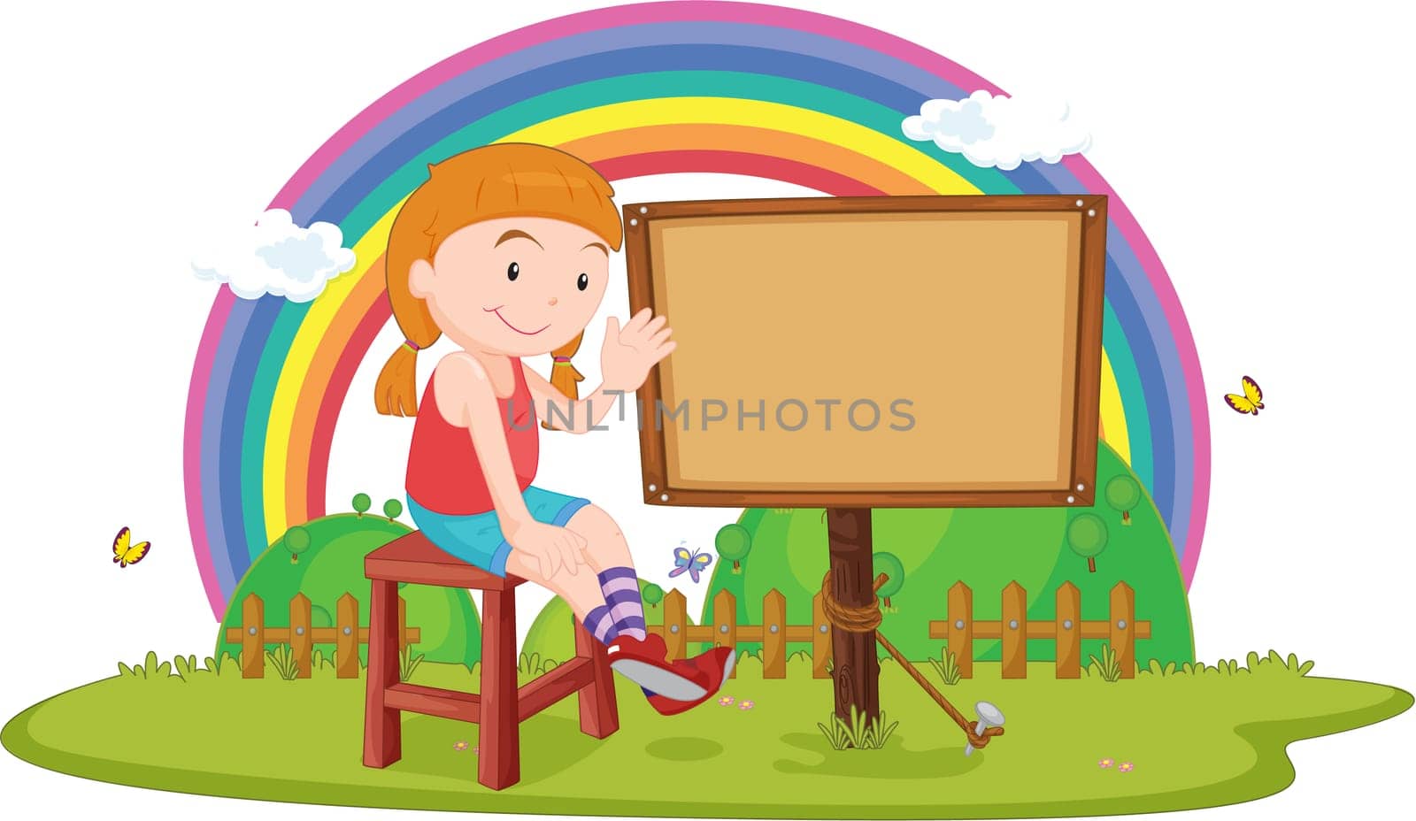 Illustration of A Girl sitting near a blank board on white background