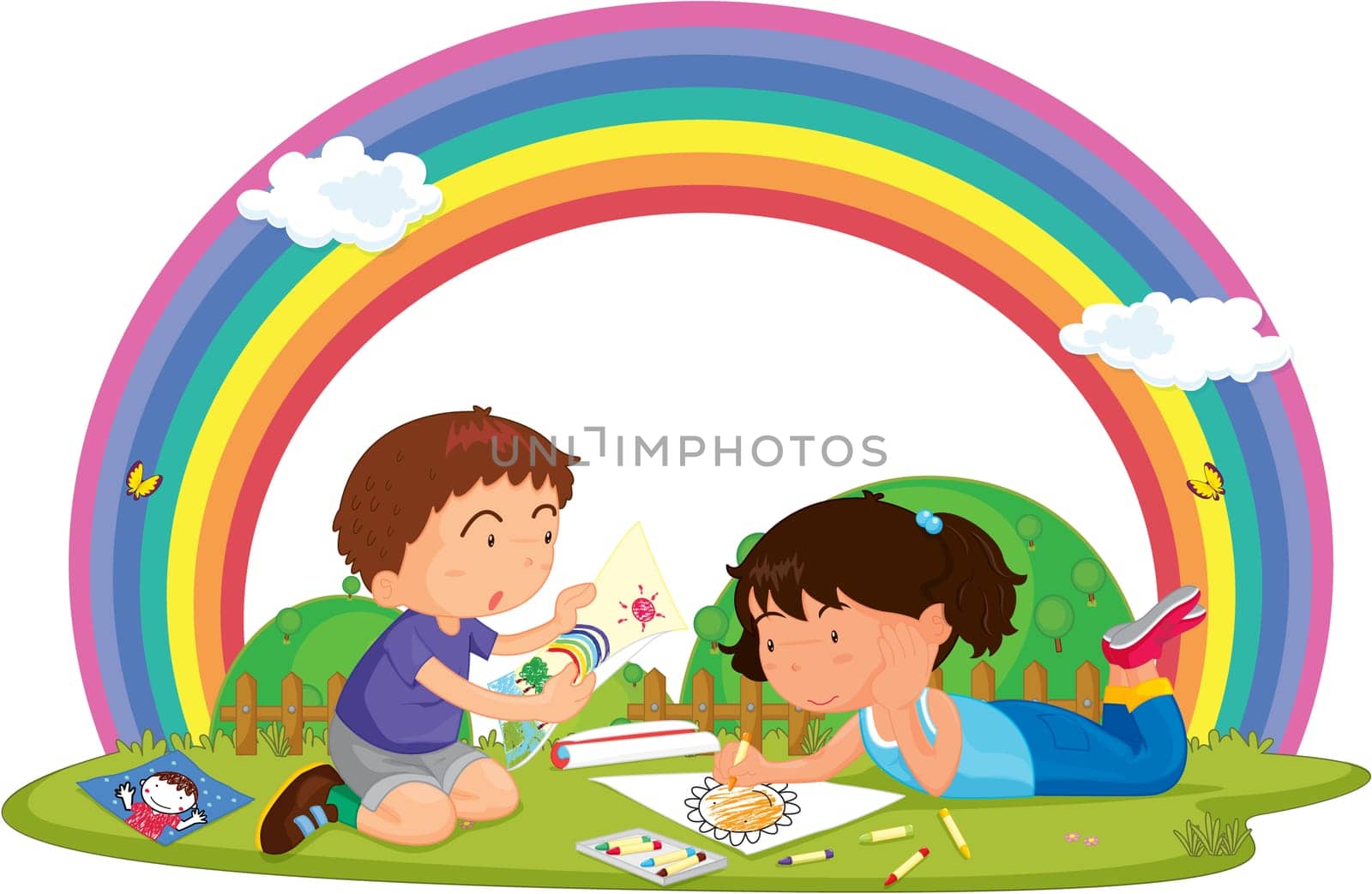 Illustration of Boy & Girl Painting in Lawn on colorful background