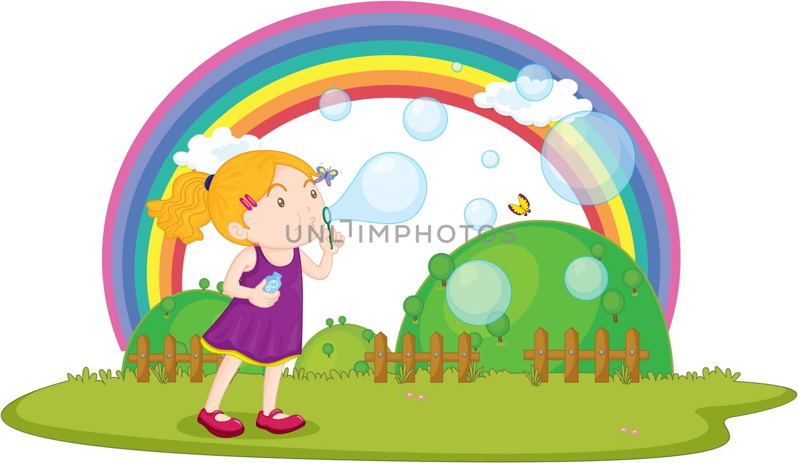 Illustration of A Girl Blowing Bubbles on white background