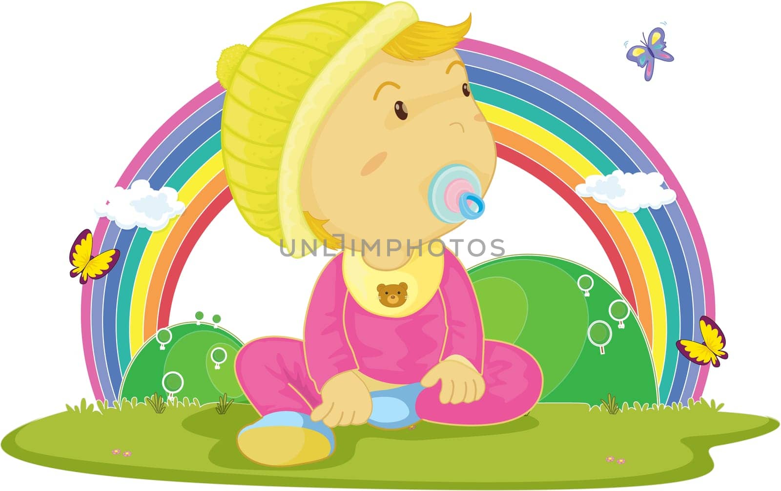 illustration of kid on rainbow background