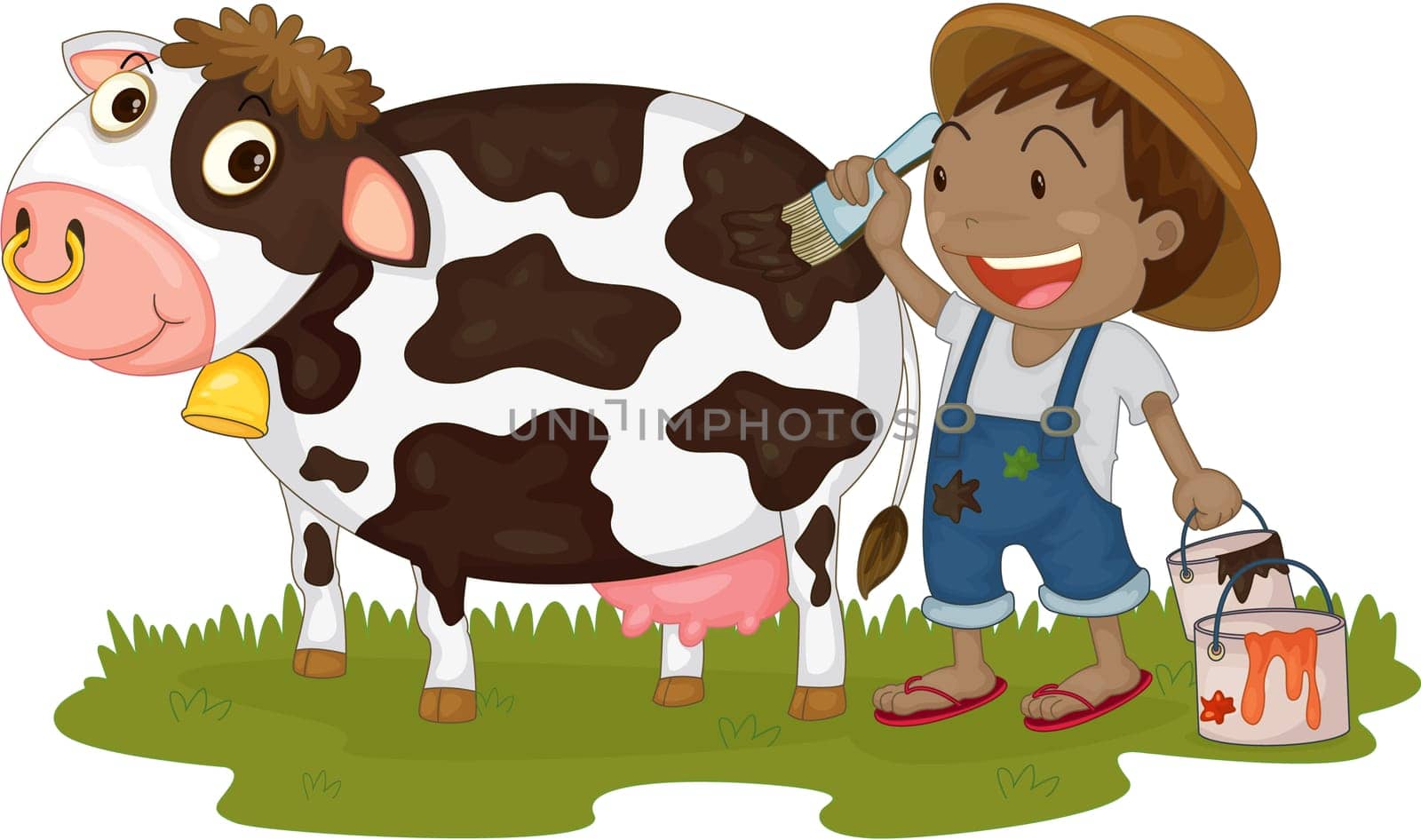 Illustration of A Boy Painting on a Cow on white background