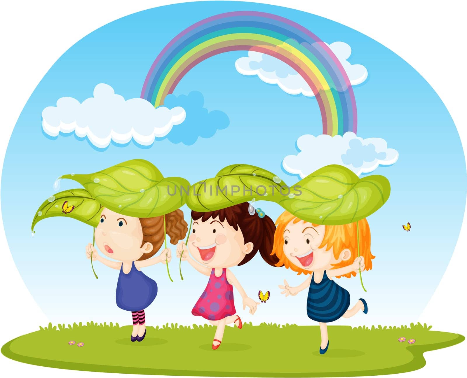 Illustration of three girls protecting from rain on white background
