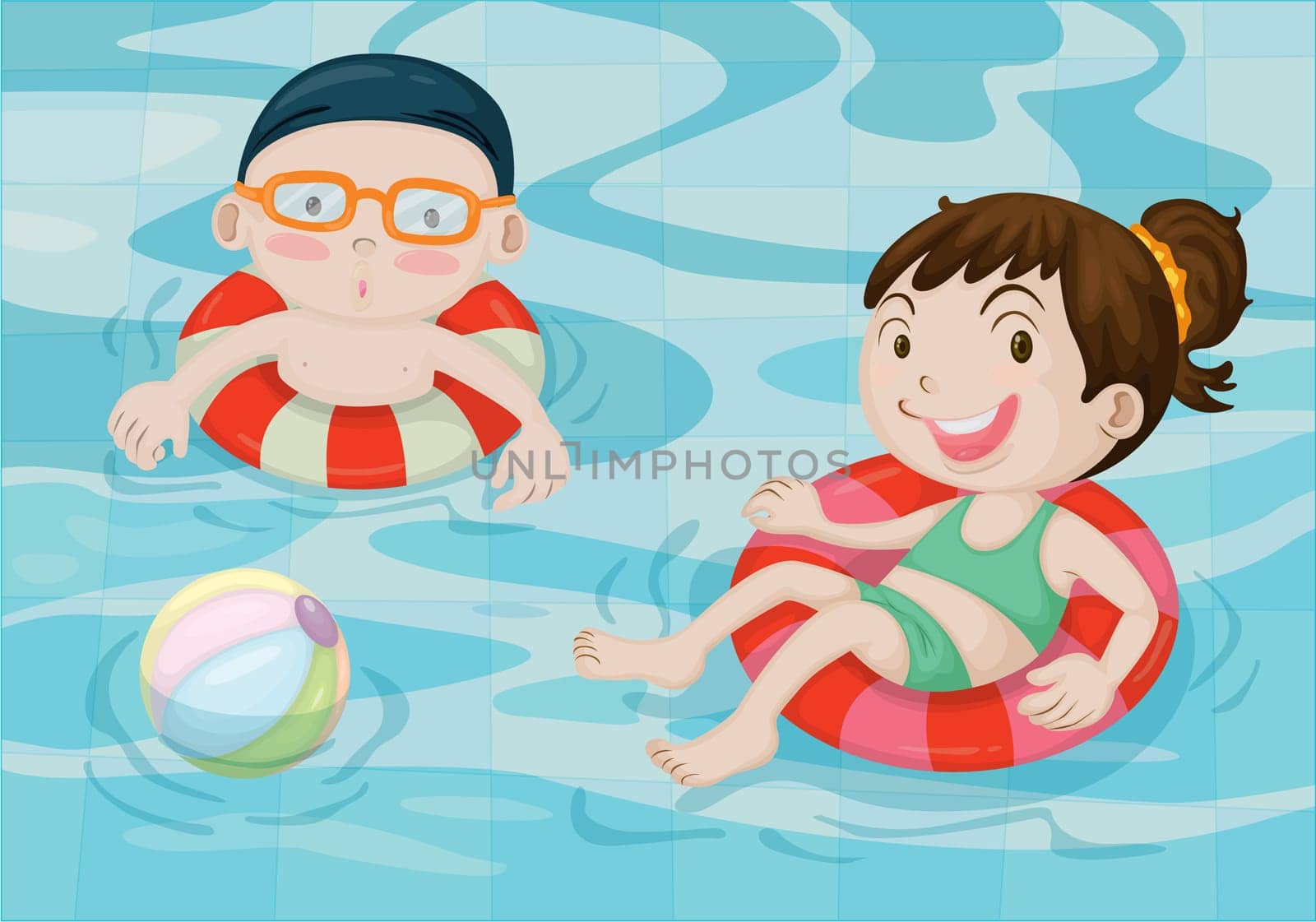 Illustration of boy and girl in swimming pool on colorful background