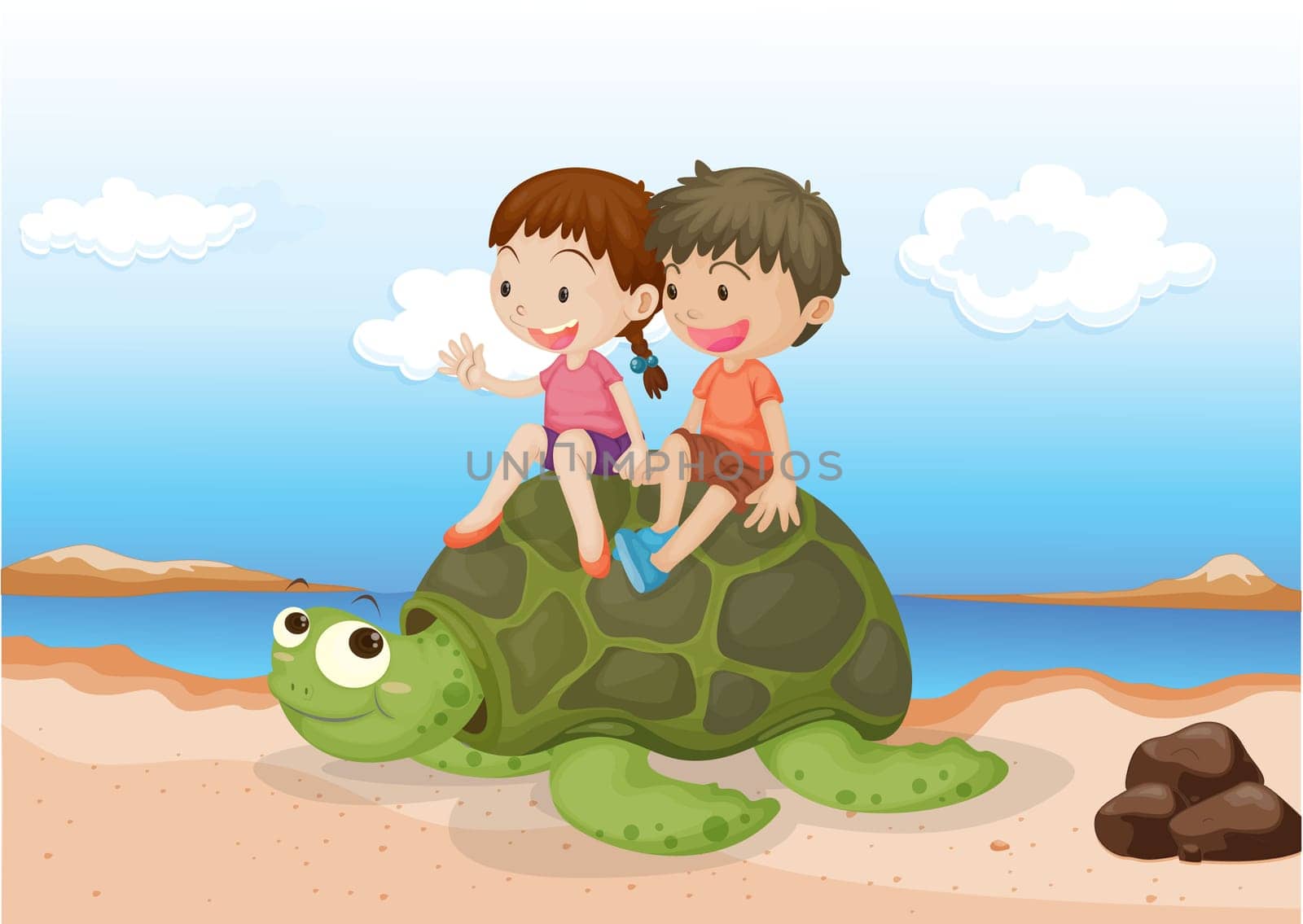 Illustration of Girl and Boy Sitting on Tortoise on colorful background