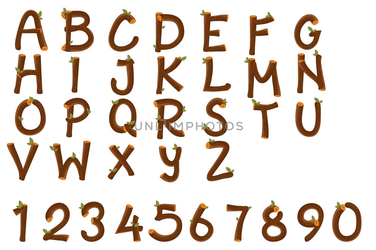 detailed illustration of an english alphabet and numbers on white background
