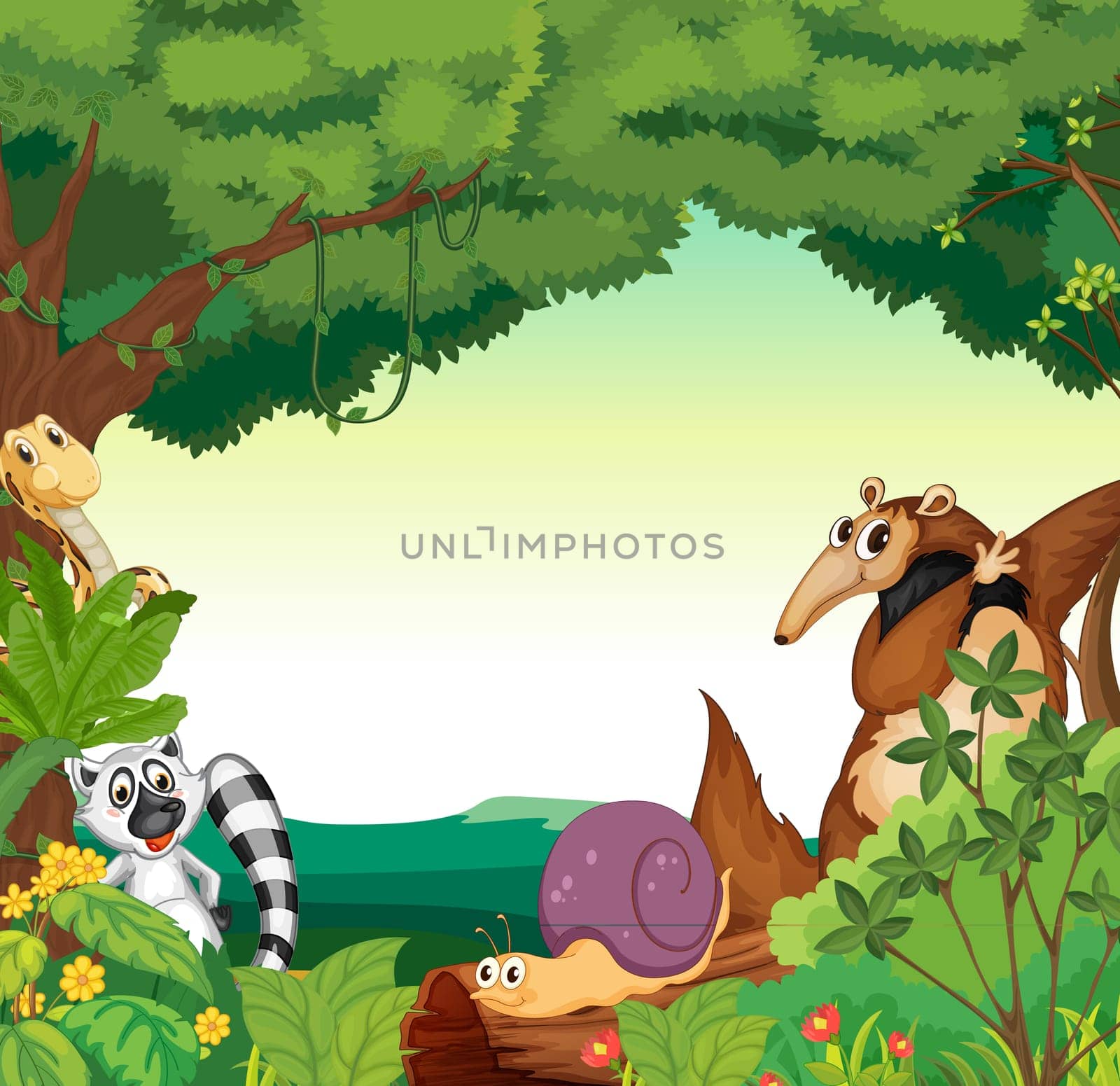 Illustration of a jungle scene with various animals