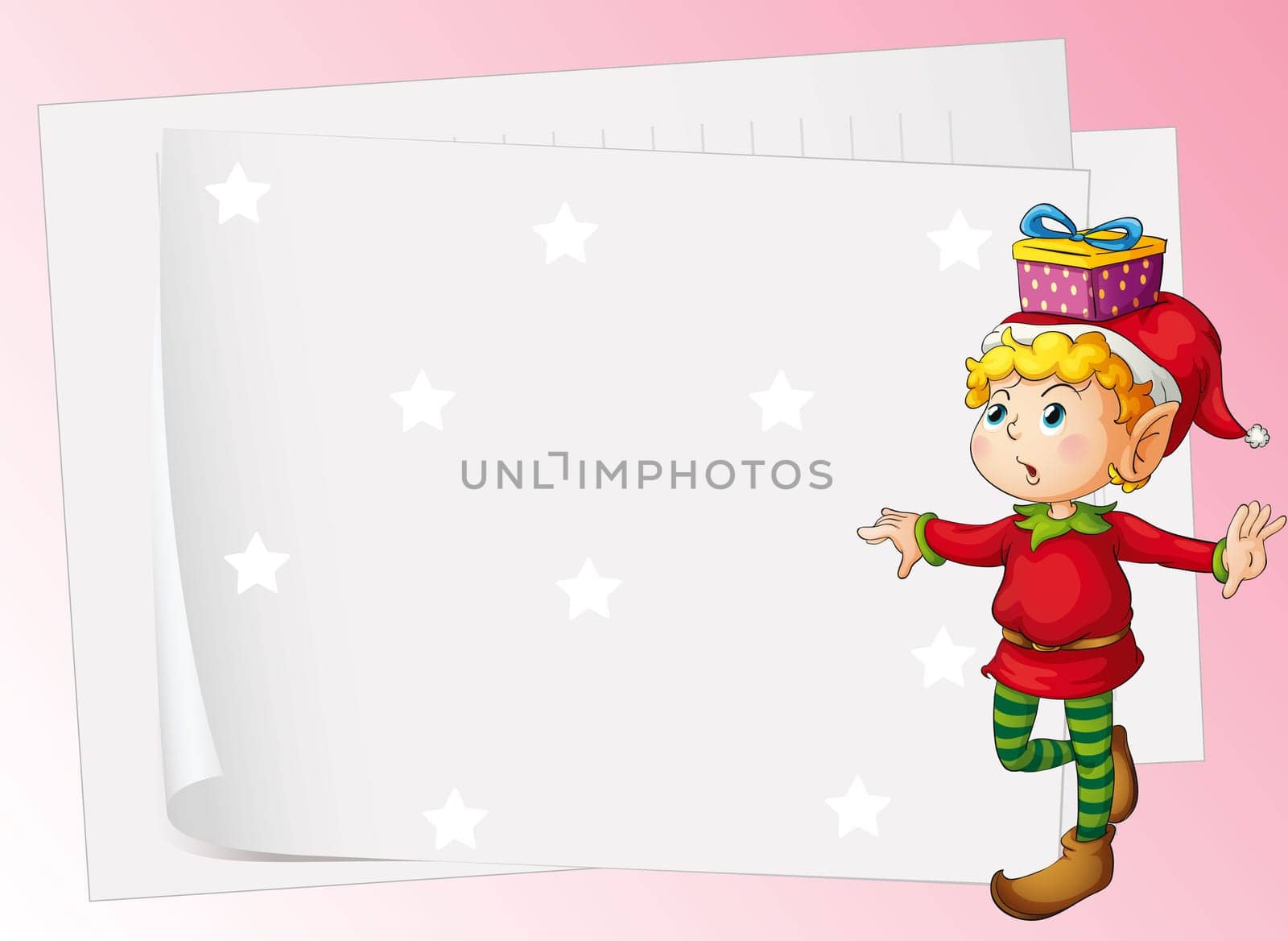 illustration of paper sheets and boy on a pink background