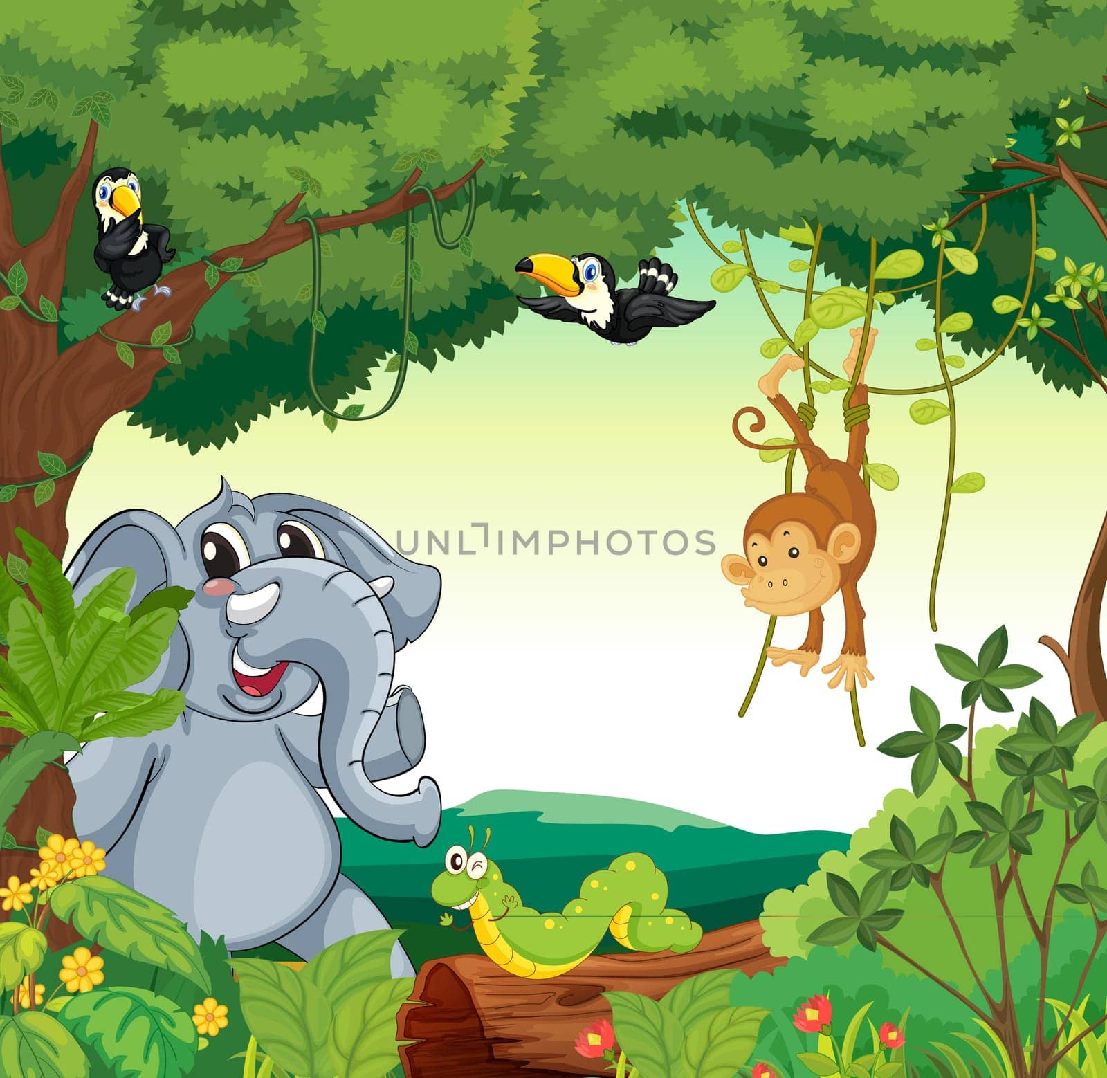 Illustration of a forest scene with different animals