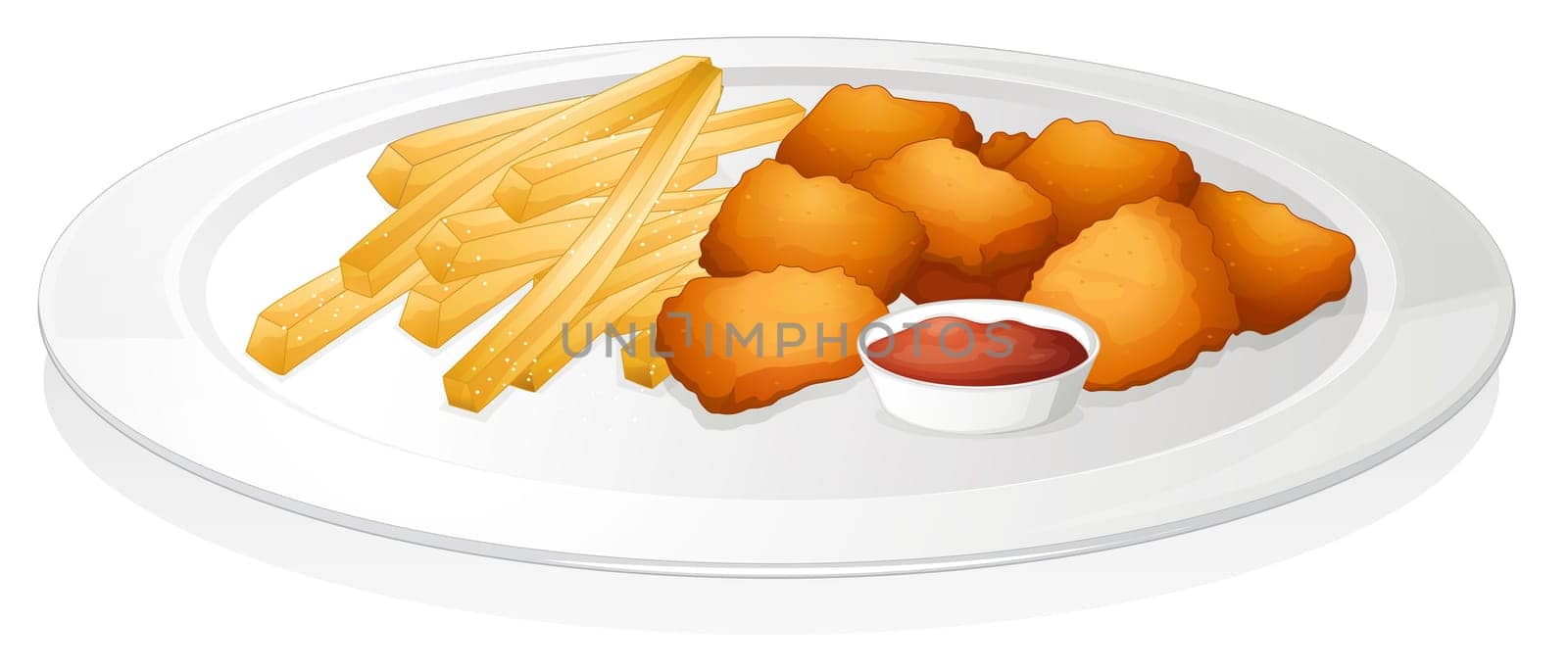 illustration of a french fries, cutlet and sauce on a white background