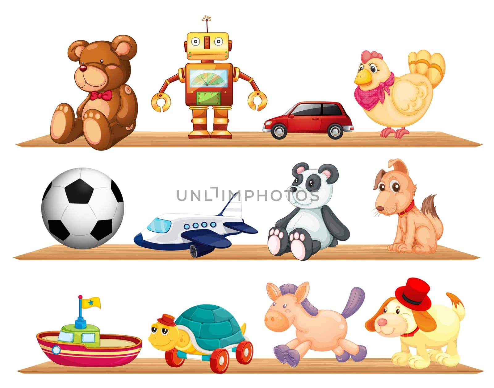 illustration of various toys on a white background