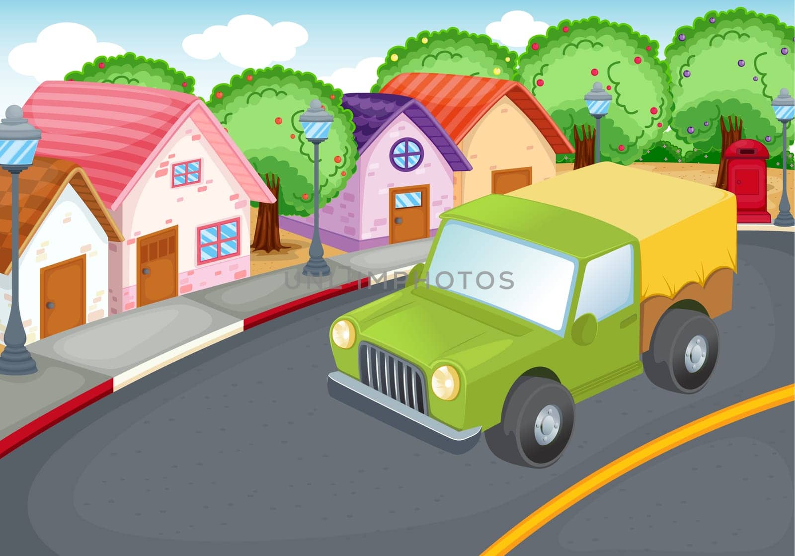 illustration of a green car driving on a road