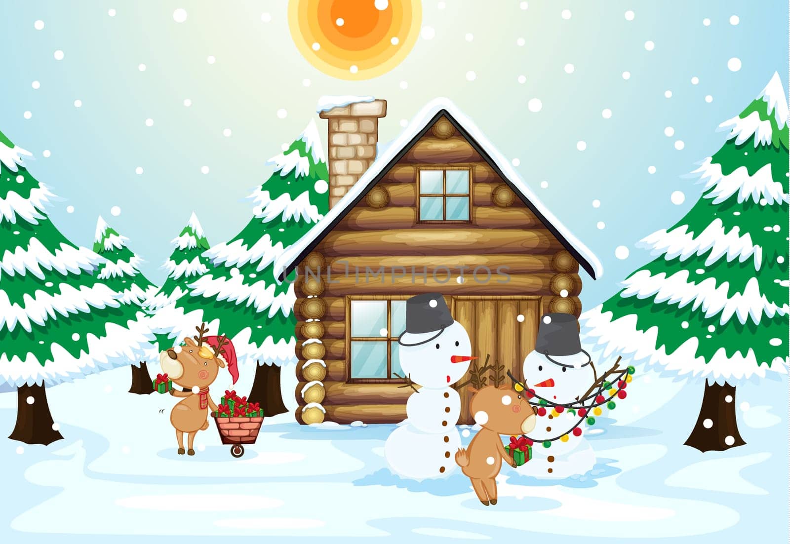 illustration of a house, snowmen and reindeers in a beautiful nature