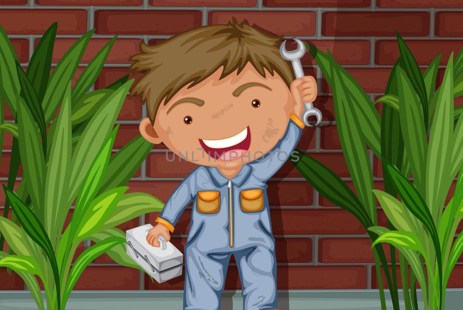 illustration of a young mechanic standing in front of a wall