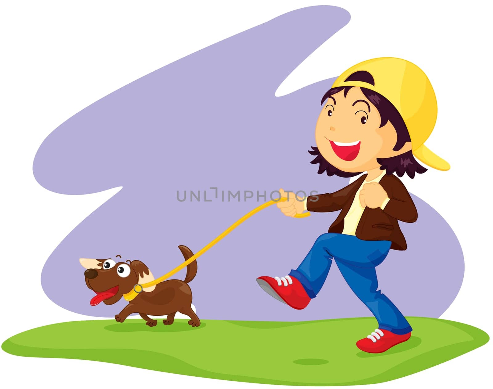 an illustration of a girl taking a dog for a walk throught the park