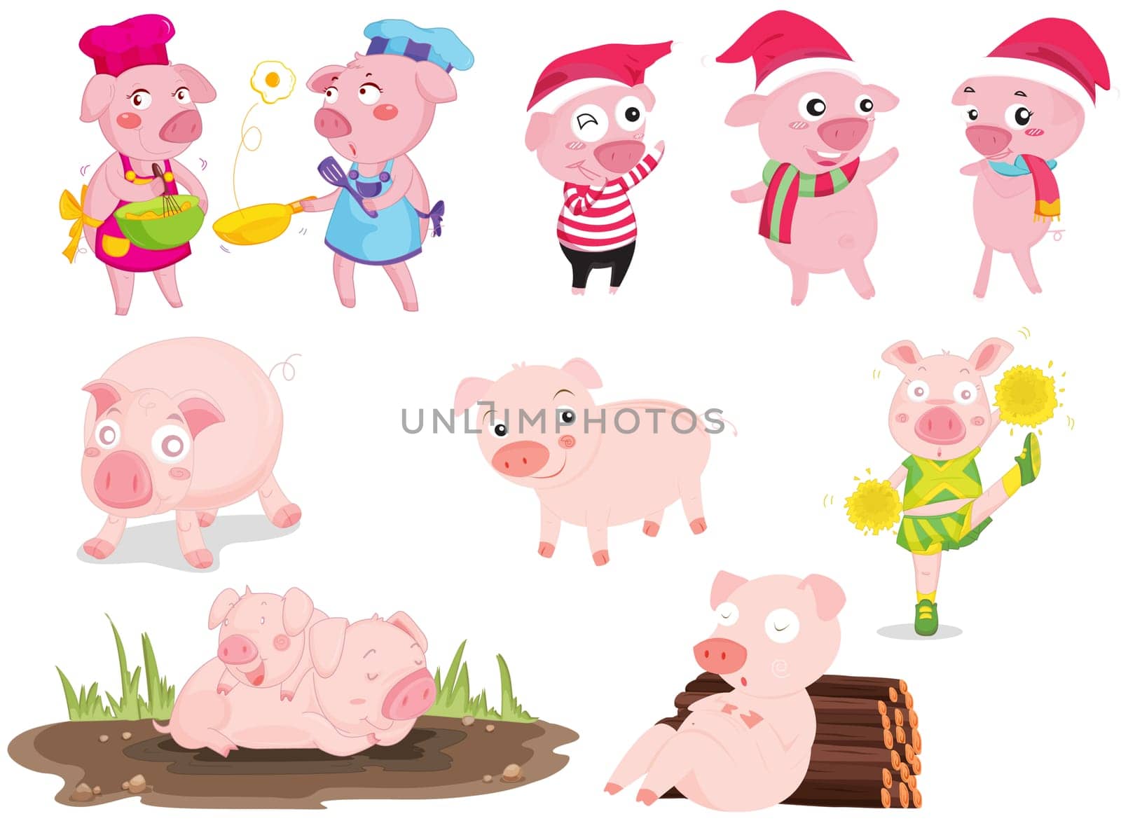 an illustration of pigs doing different things