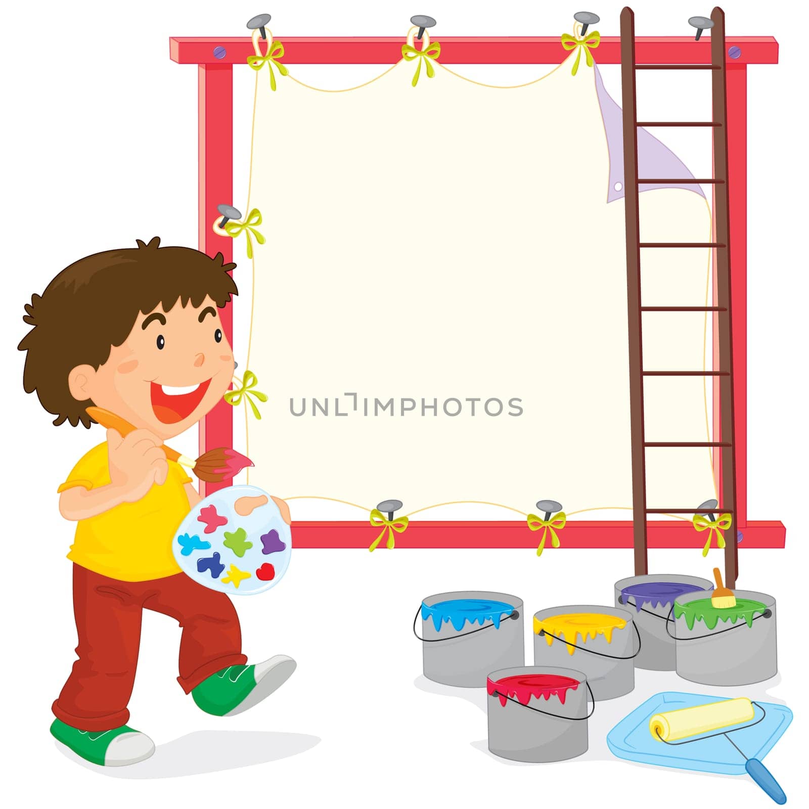 Illustration of a young boy with paints and canvas