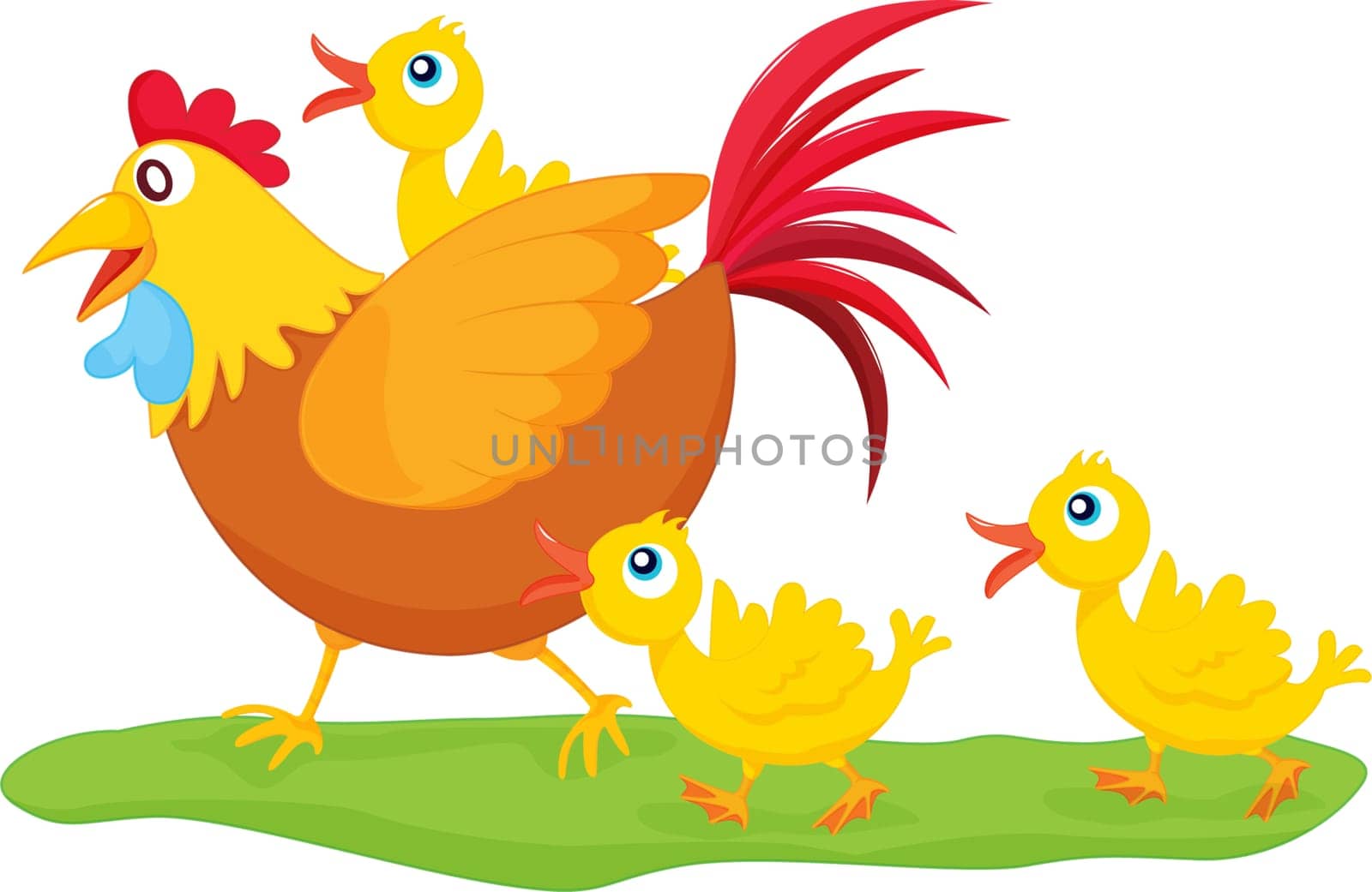 an illustration of a rooster and some ducklings