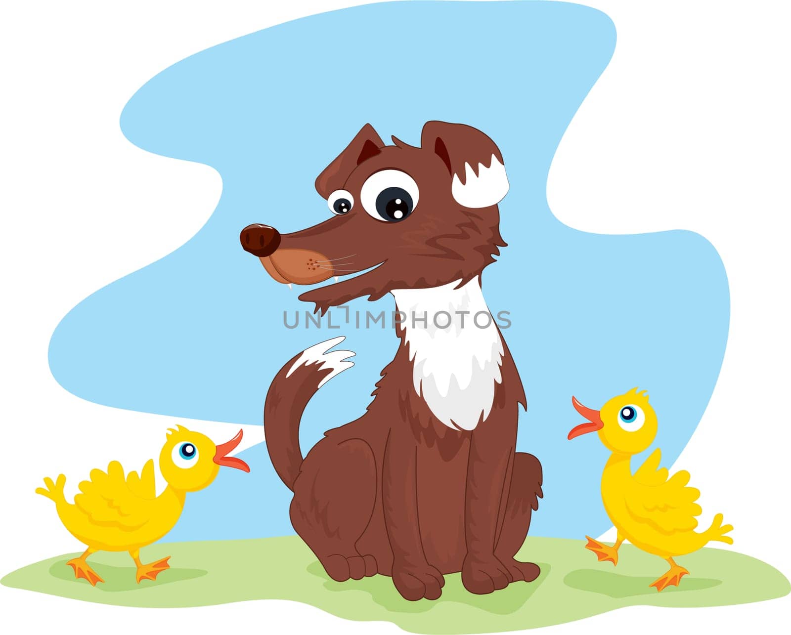 an illustration of a dog with two birds around him
