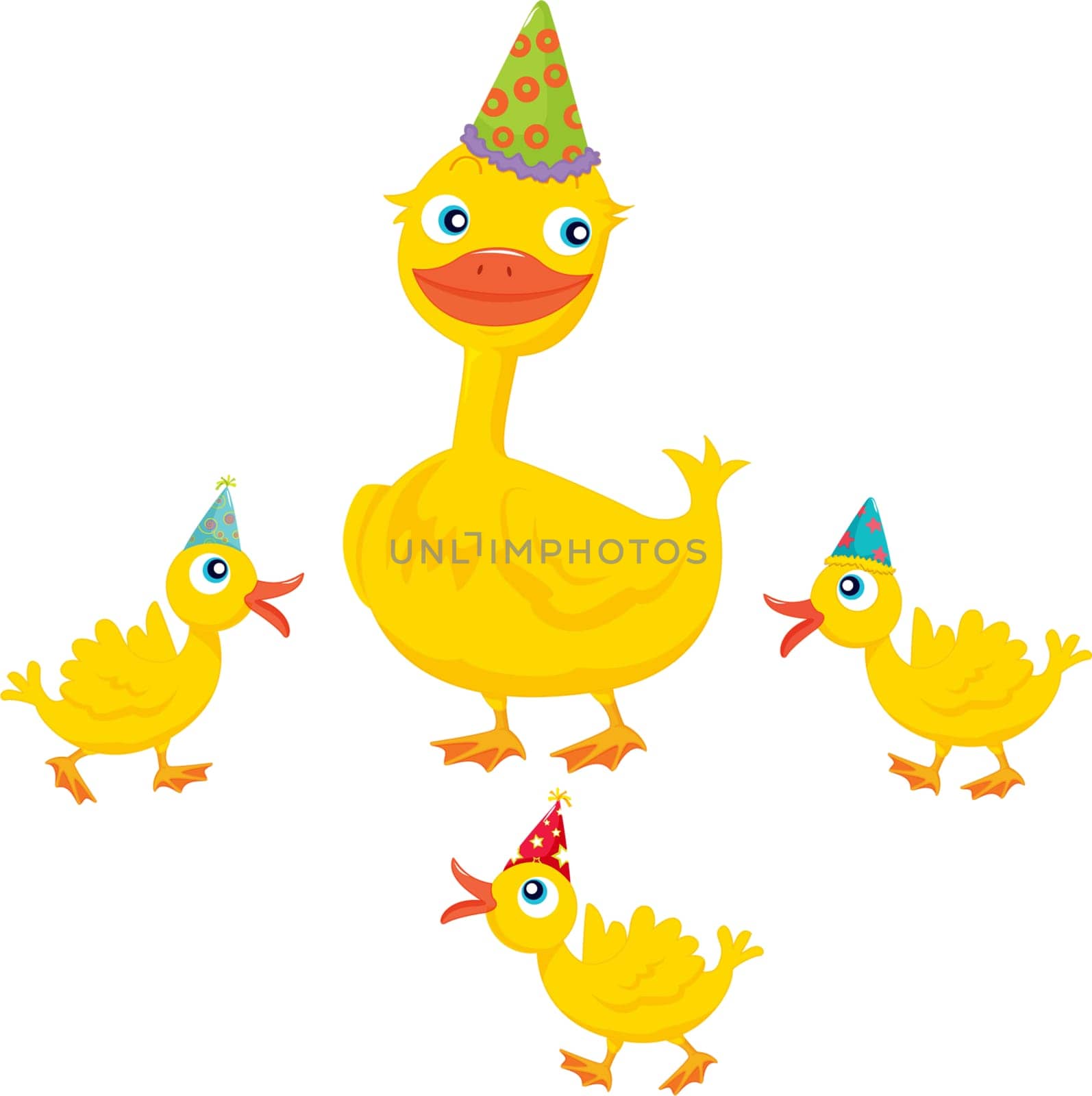 an illustration of four ducks with party hats on