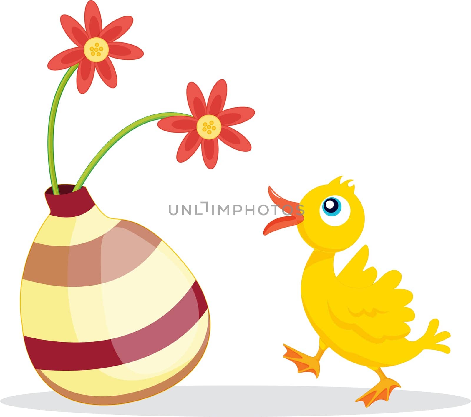 an illustration of a bird looking at up some flowers