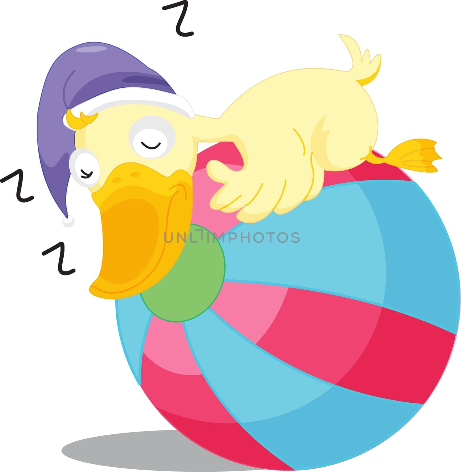 an illustration of a duck sleeping on a beach ball