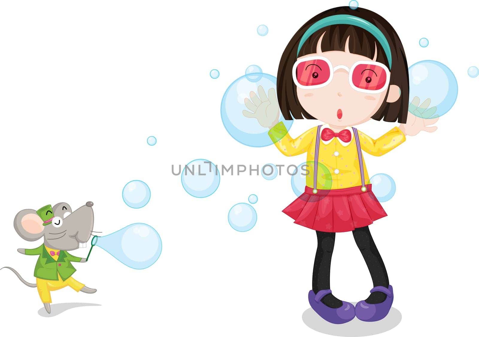 illustration of girl and mouse blowing bubbles