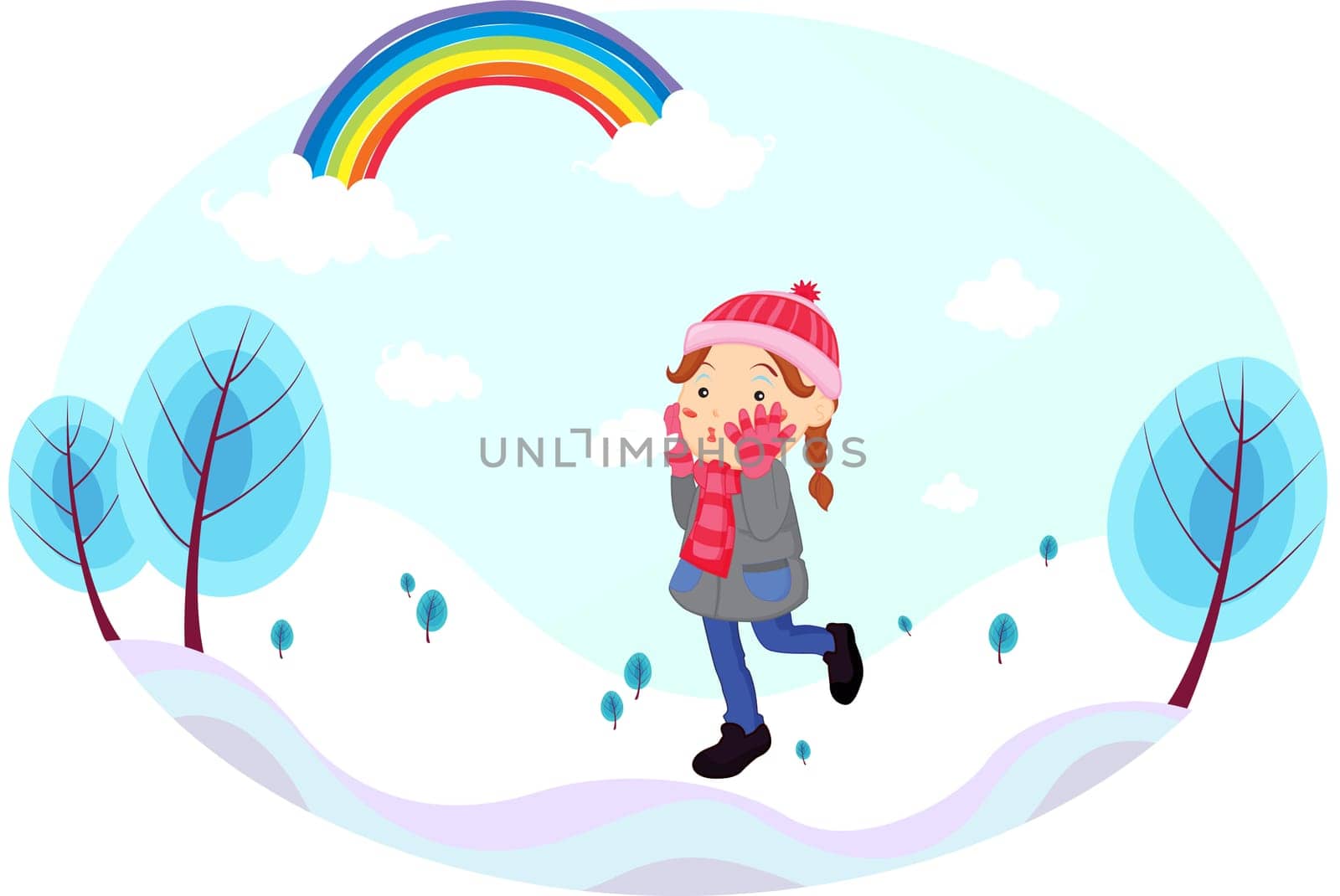 Illustration of a girl walking on snow