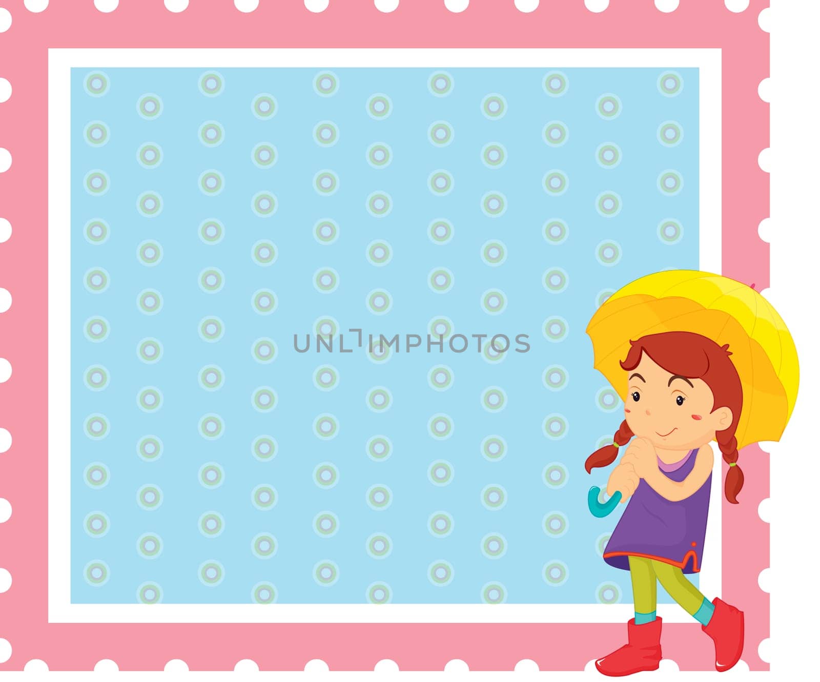 Girl with umbrella walking in front of blue background