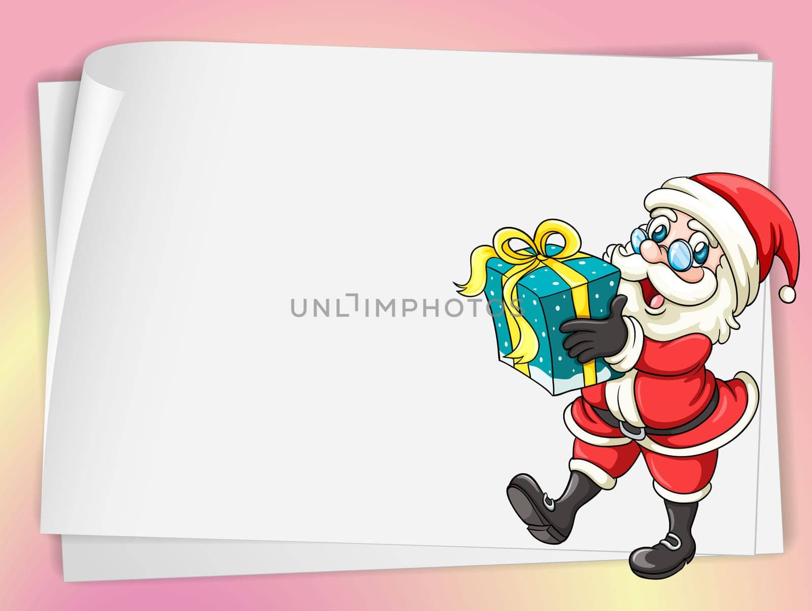 illustration of a paper sheets and a santa claus on a pink background